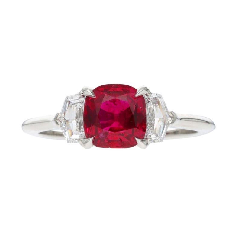 Cushion Cut AGL Certified 1.41 Cts Platinum, Ruby and Diamond Ring  For Sale