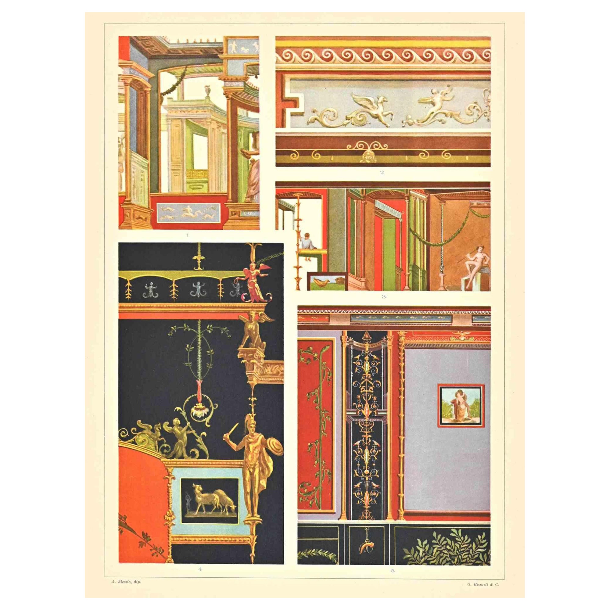 Dekorative Motive – römisch – Chromolithographie von A. Alessio – frühes 20. Jahrhundert