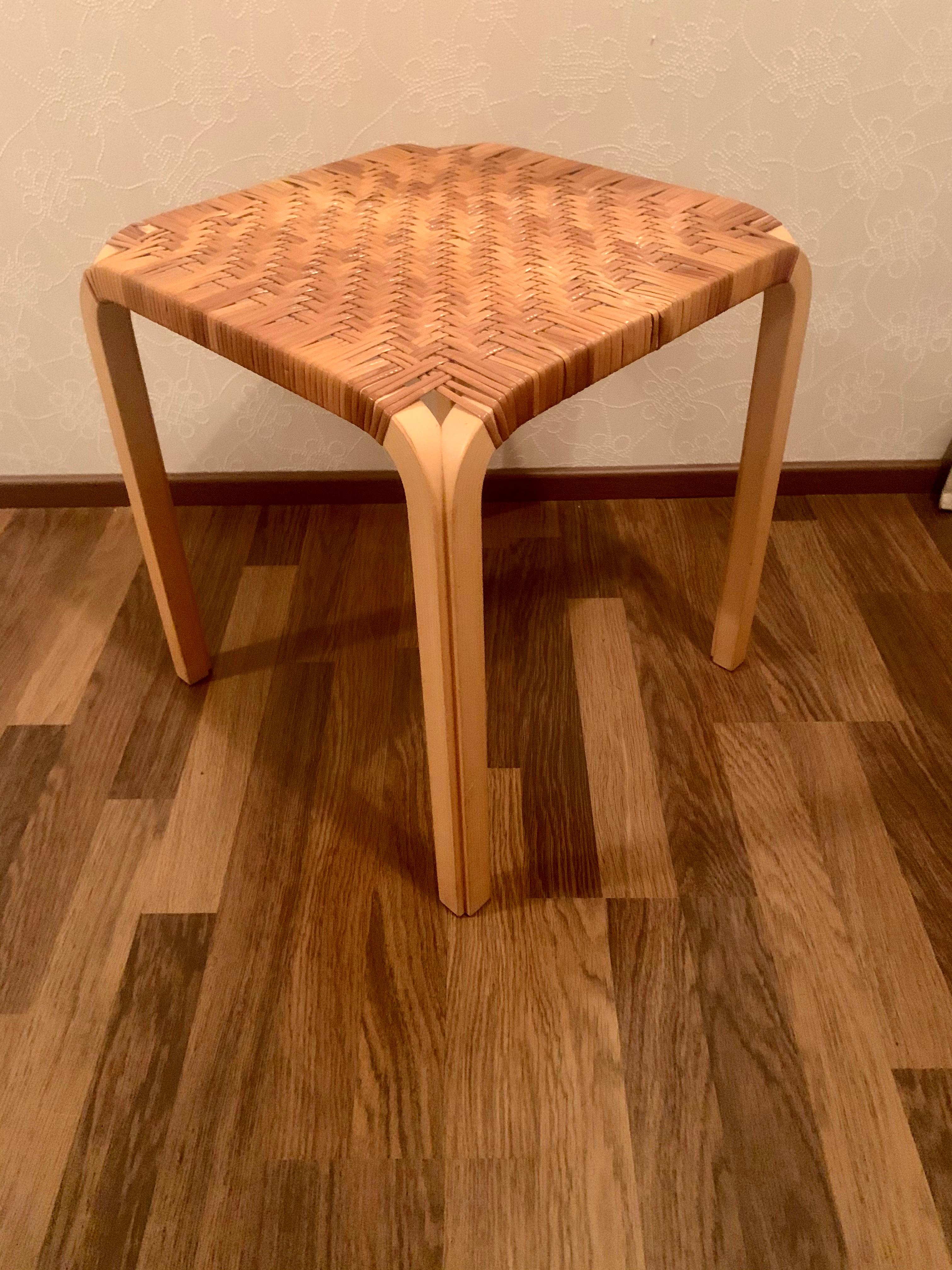 A rare Alvar Aalto Y, stool with a rattan cover, the stool was launched in 1946. Good condition for its age and the rattan is beautifully patinized.