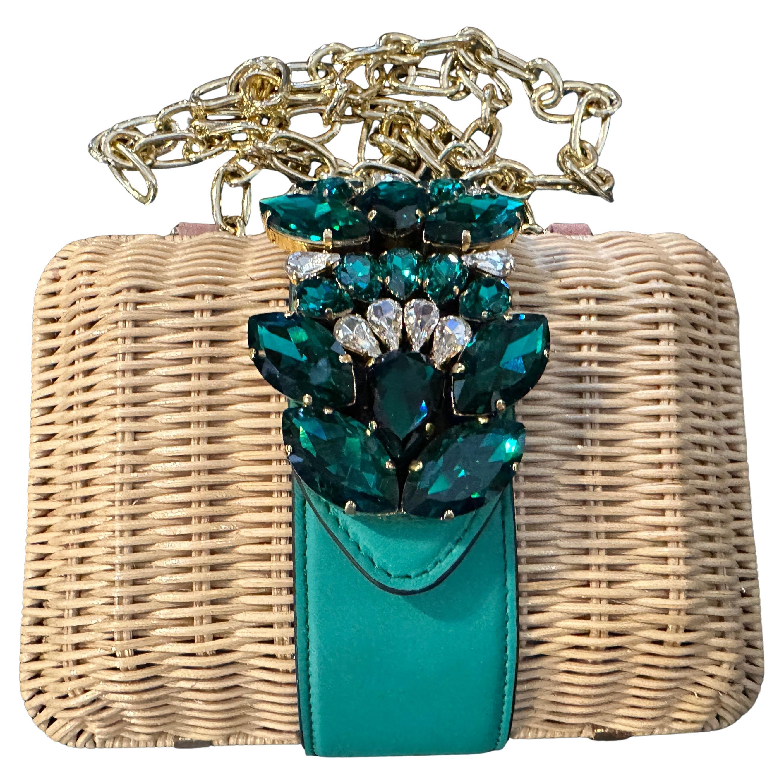 A Amazing High QualityWoven Rattan Clutch Bag with Green Crystal Made by Gedebe