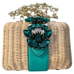 A Amazing High QualityWoven Rattan Clutch Bag with Green Crystal Made by Gedebe