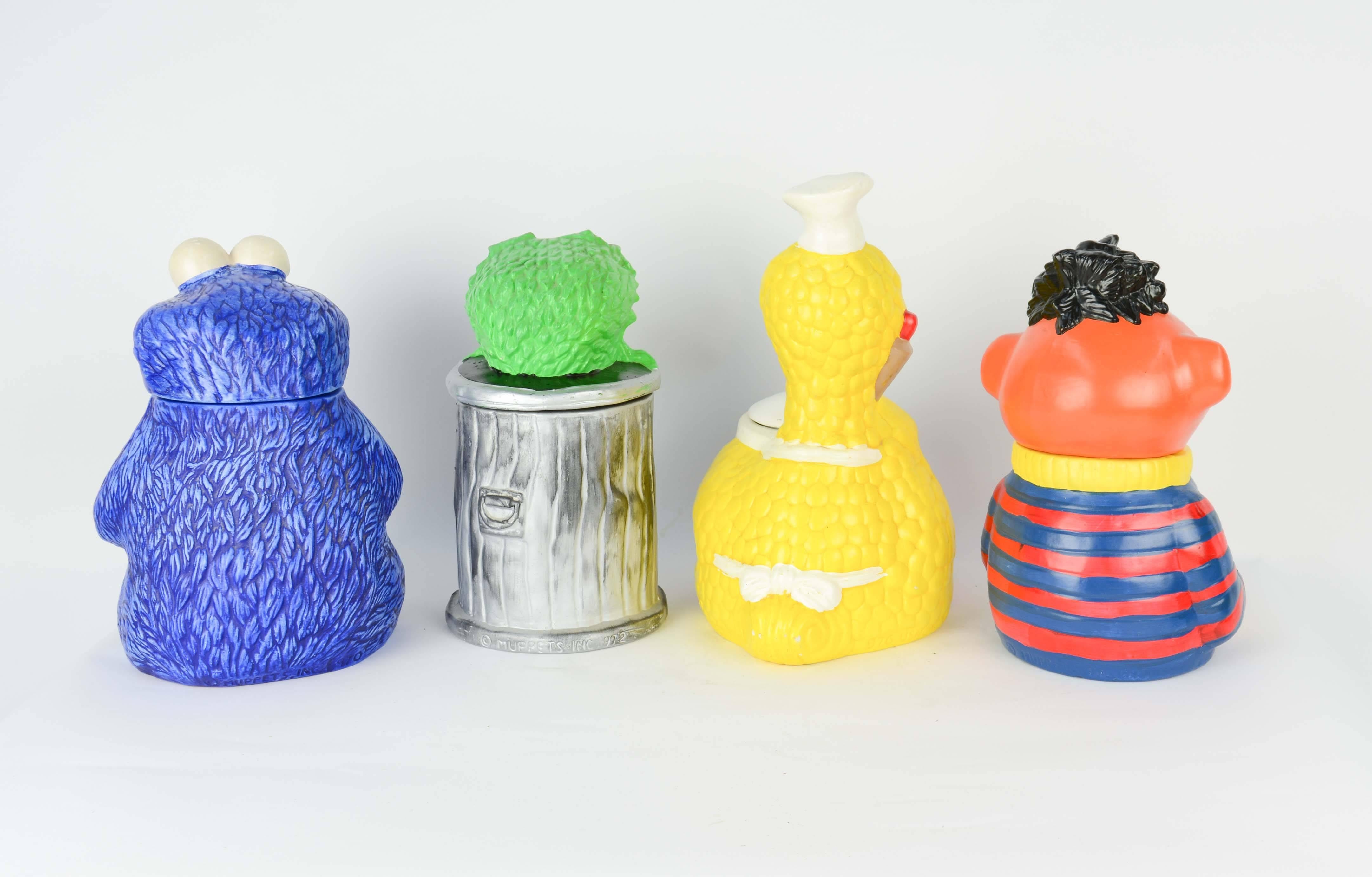 A Amazing Muppet's Sesame Street Cookie Jar Collection from 1973, The set includes four of the four cookie jars from the 1973 line. The collection is Ernie, Cookie Monster, Big Bird and Oscar the grouch.