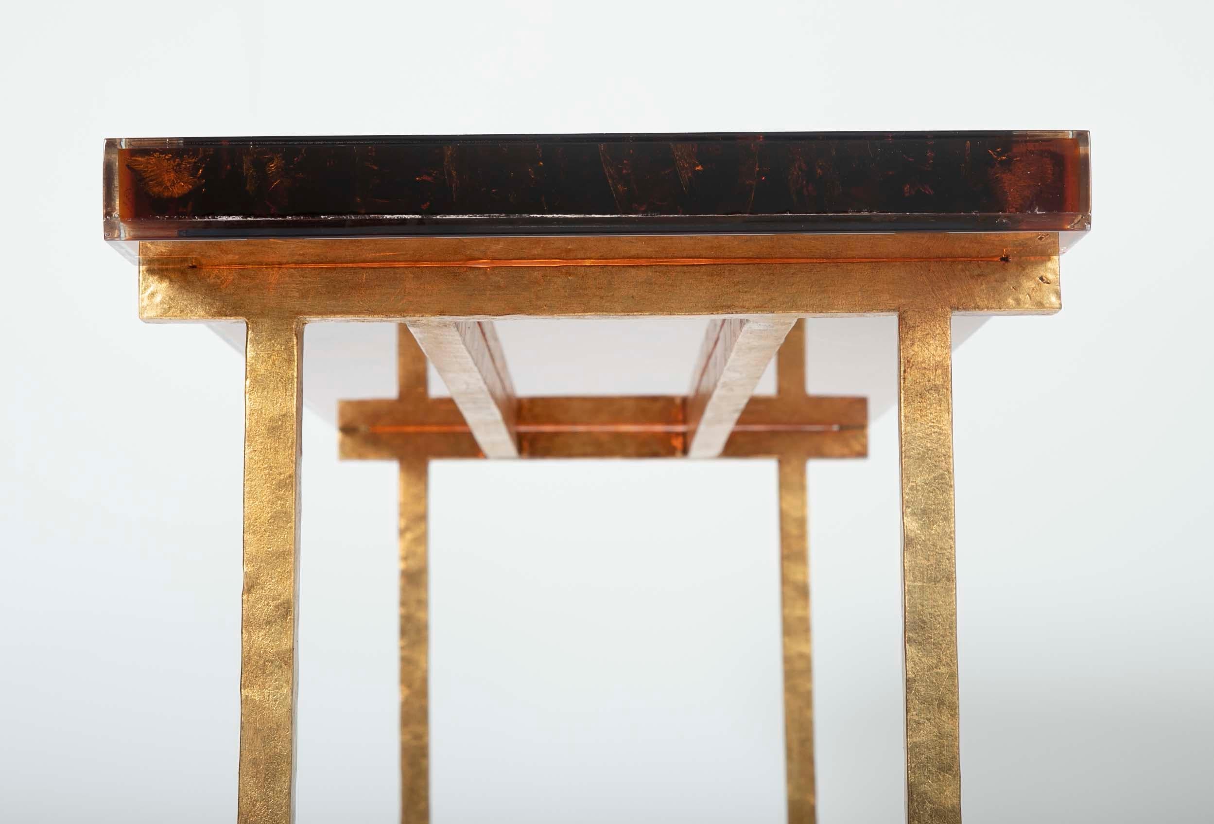 Amber Lucite and Gilt Steel Console Table 5