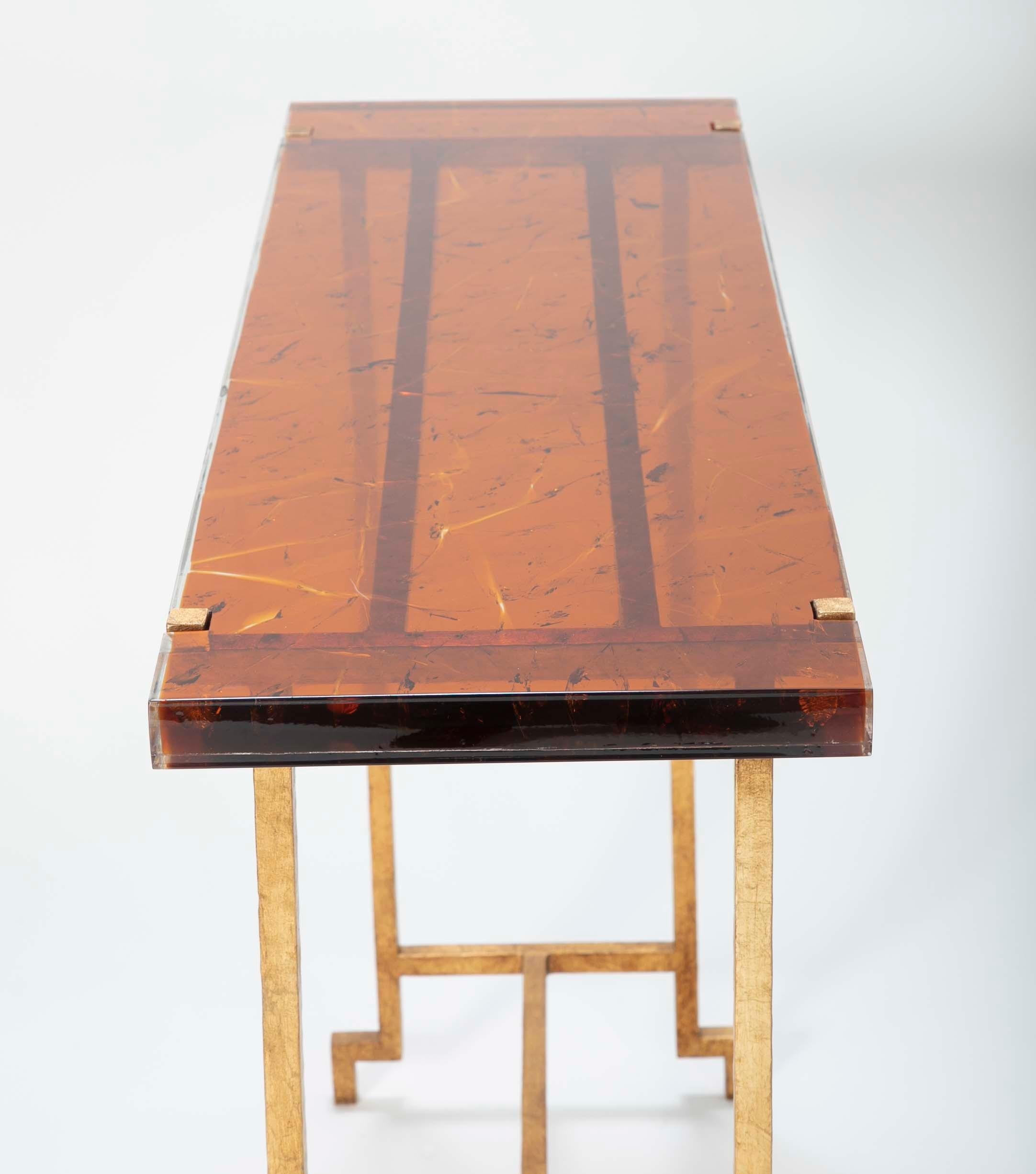 Amber Lucite and Gilt Steel Console Table 6