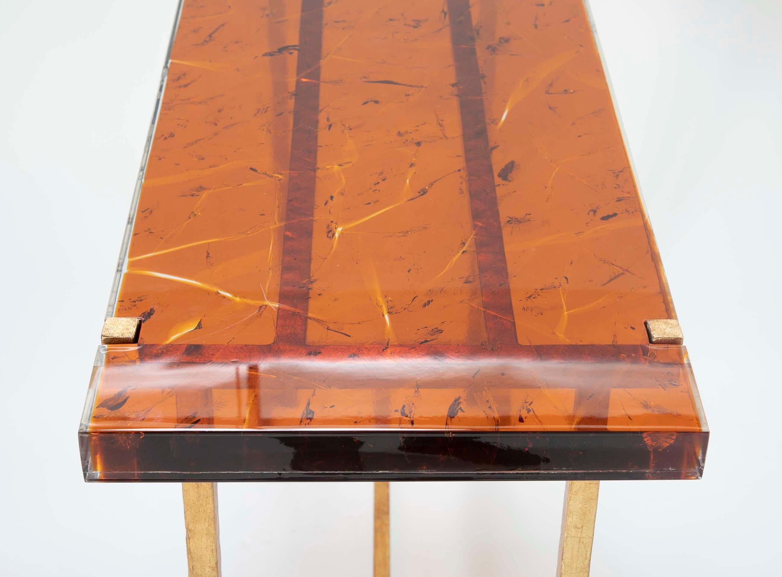 Amber Lucite and Gilt Steel Console Table 7