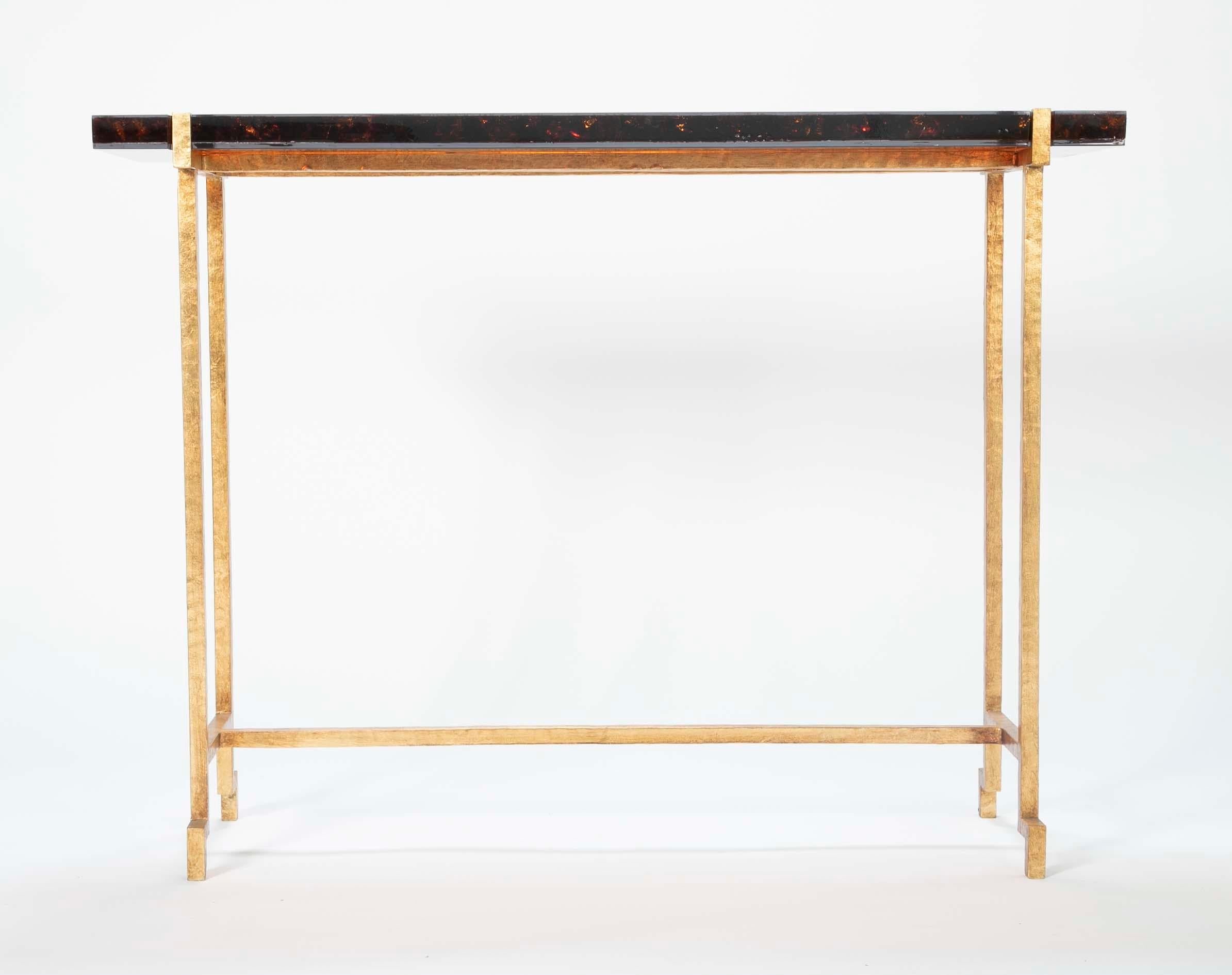 Modern Amber Lucite and Gilt Steel Console Table
