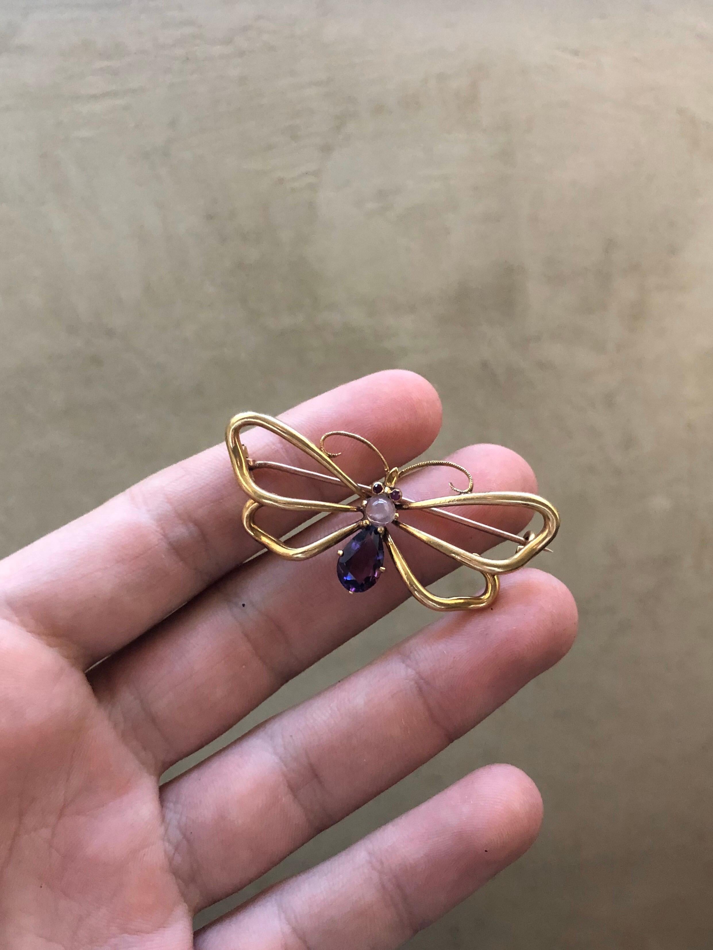 Retro Amethyst Ruby and Moonstone Butterfly Brooch