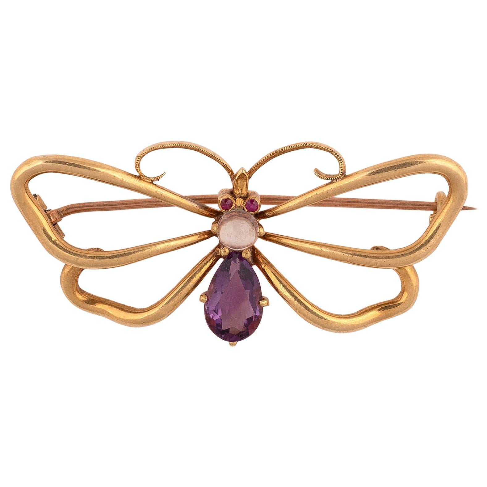 Amethyst Ruby and Moonstone Butterfly Brooch