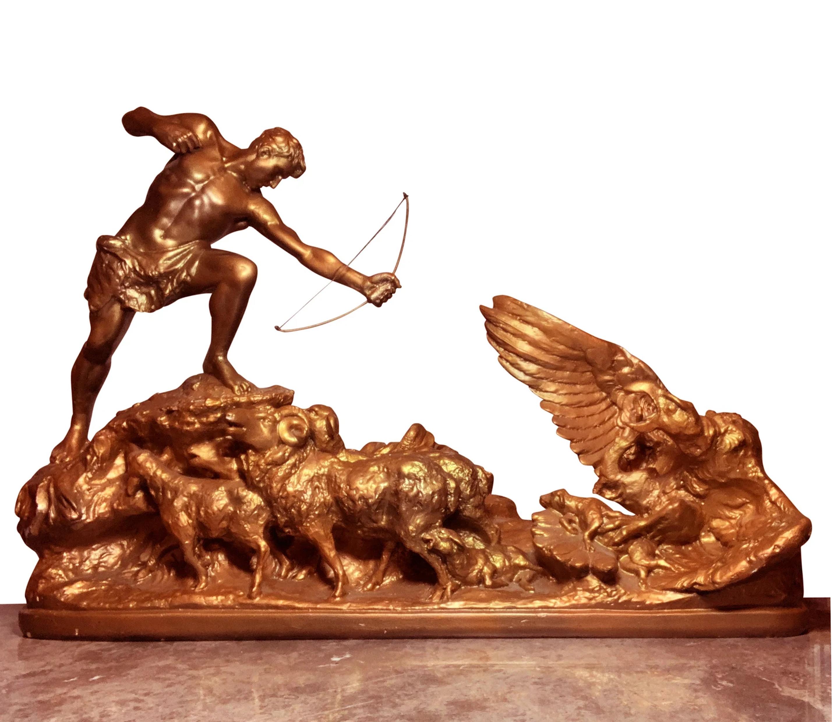 Belgian A. Amorgasti Sculptor 1936 Bronze Gilded Plaster of An Ancient Greek Hunt Scene  For Sale