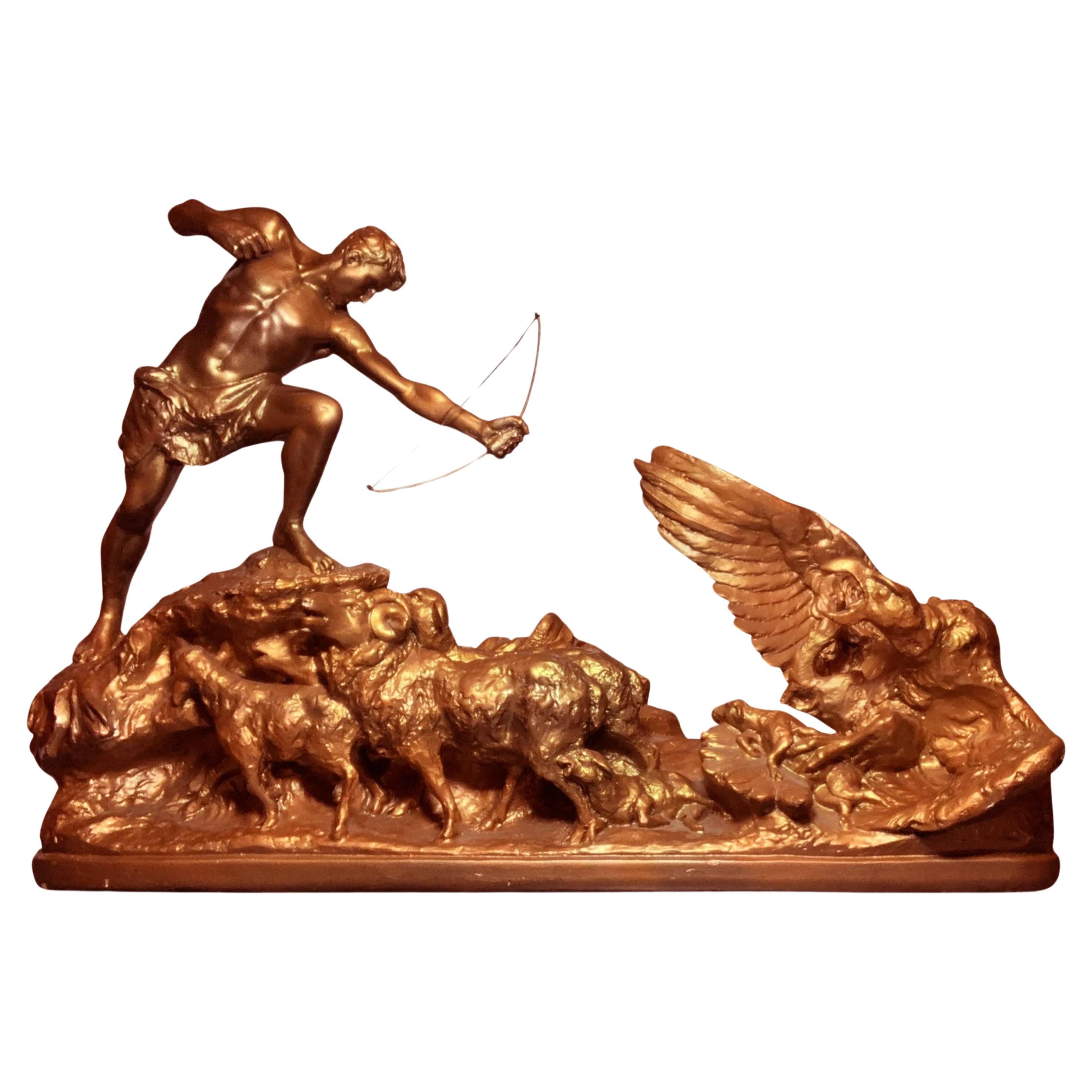 Sculpteur A. Amorgasti, 1936, plâtre doré en bronze représentant une scène de chasse grecque ancienne 