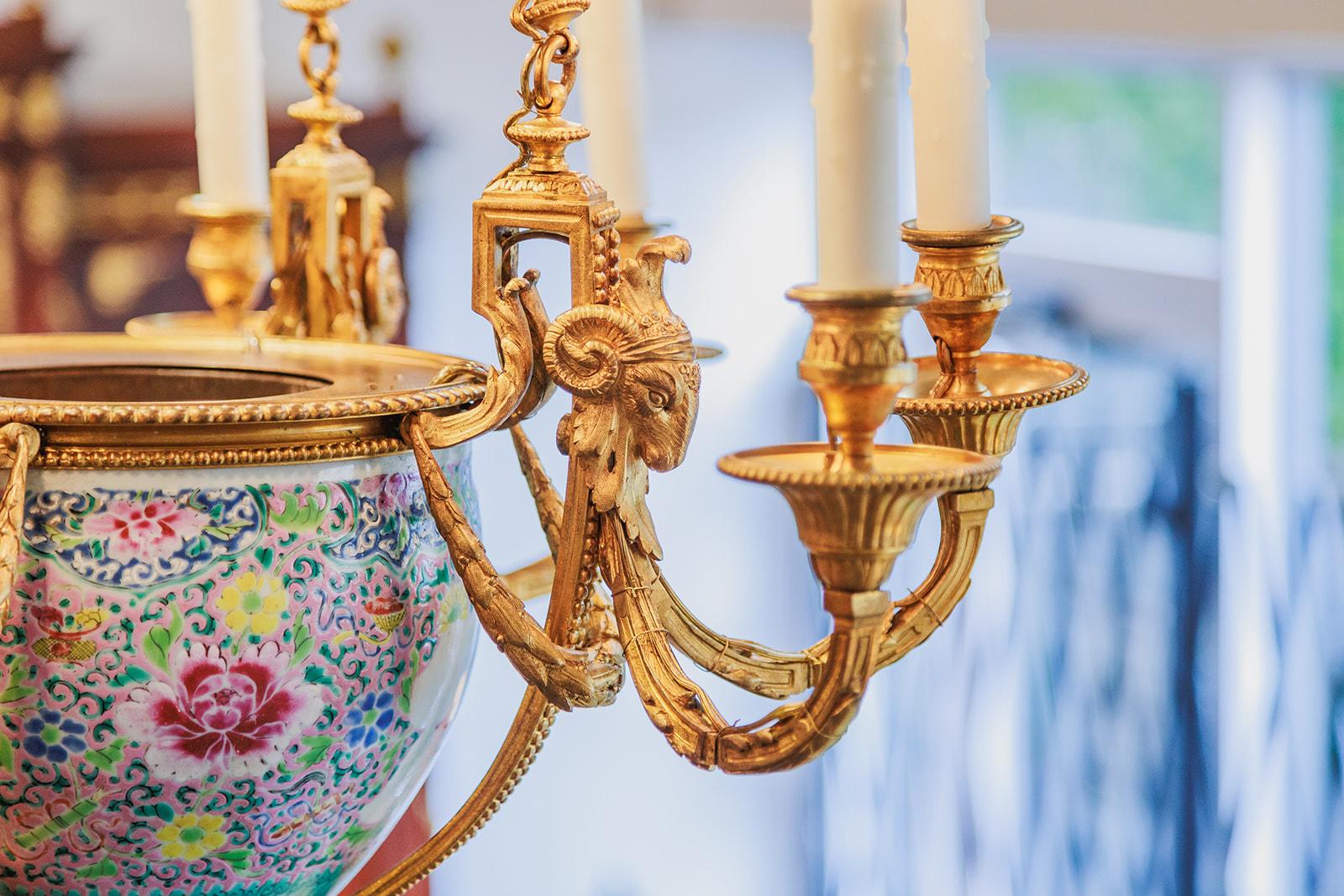 Gilt A  and rare 19th c French Louis XVI gilt bronze chandelier with a porcelain vase