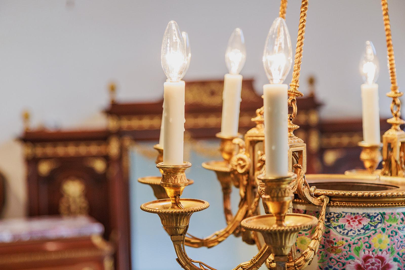 A  and rare 19th c French Louis XVI gilt bronze chandelier with a porcelain vase In Good Condition In Dallas, TX