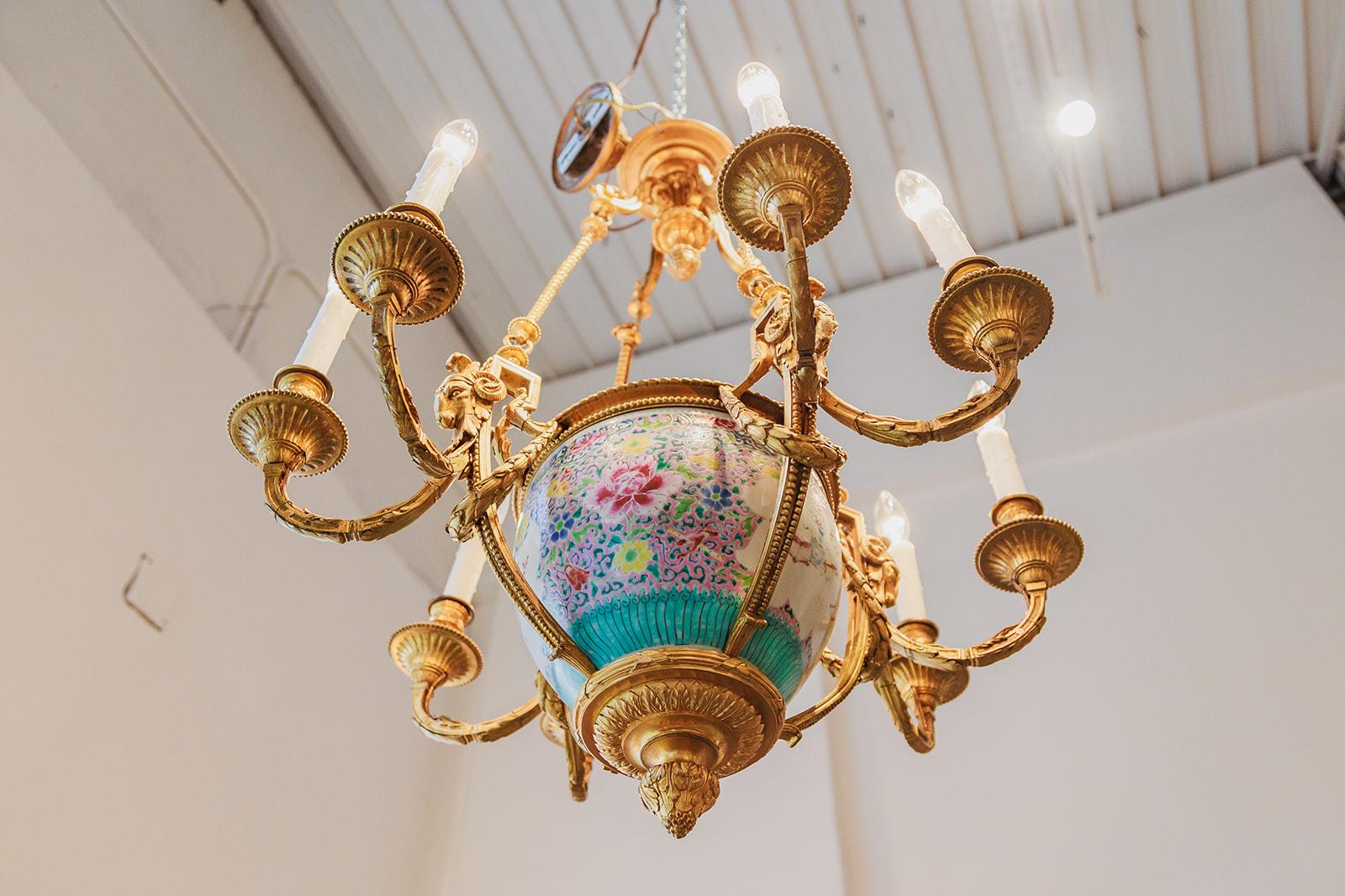 A  and rare 19th c French Louis XVI gilt bronze chandelier with a porcelain vase 1