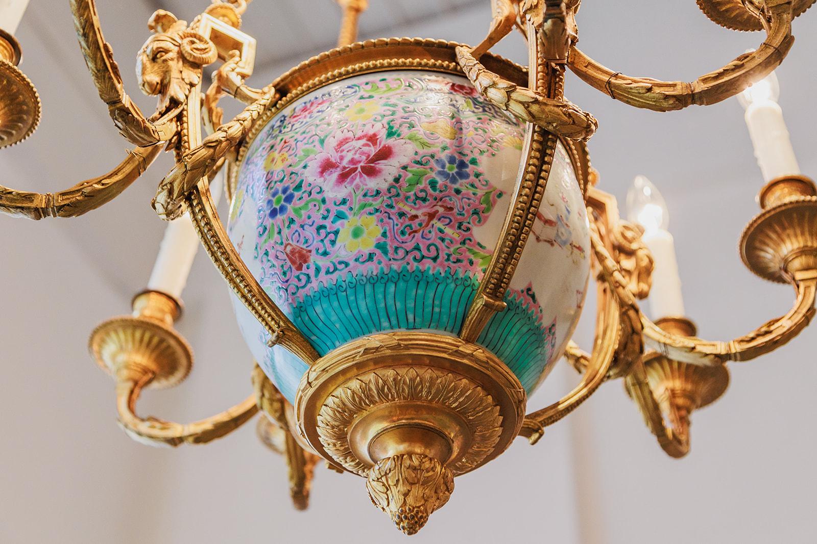 A  and rare 19th c French Louis XVI gilt bronze chandelier with a porcelain vase 2