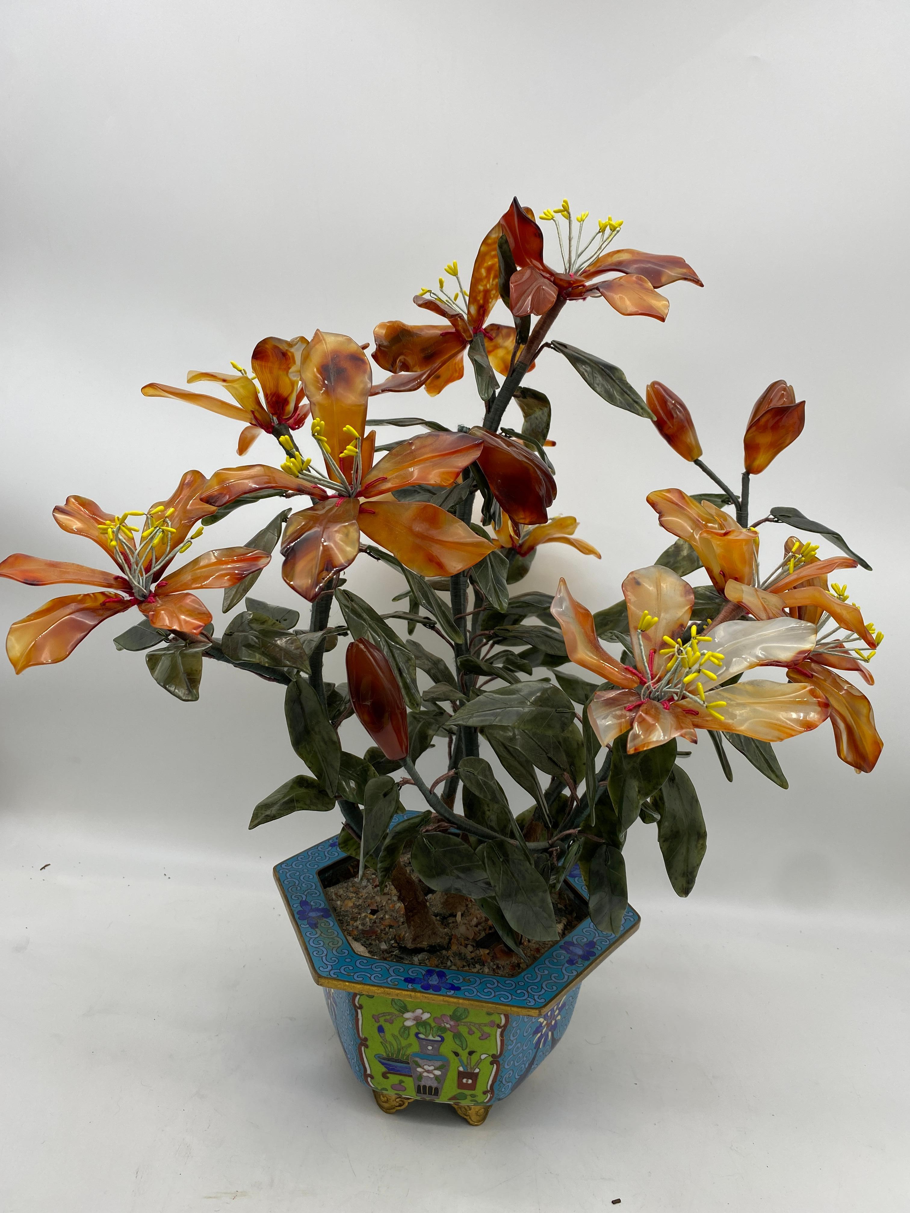 Antique Chinese multi-color Bonsai tree in cloisonné pot, very beautiful and excellent carnelian agate flowers and leaves tree with gilt cloisonné pot, see more pictures, measures: 19