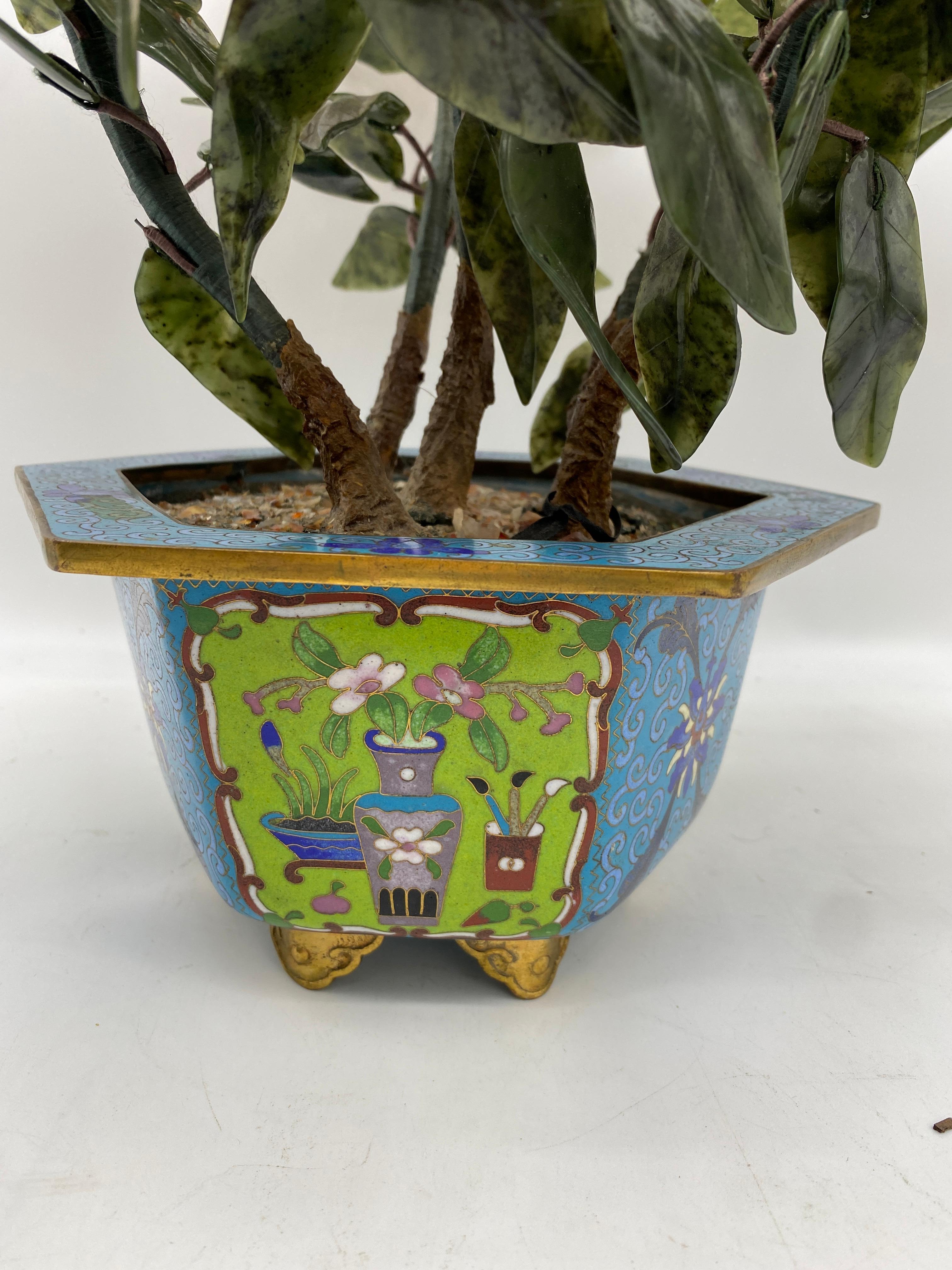 Carved Antique Chinese Hardstone Tree in Cloisonné Pot