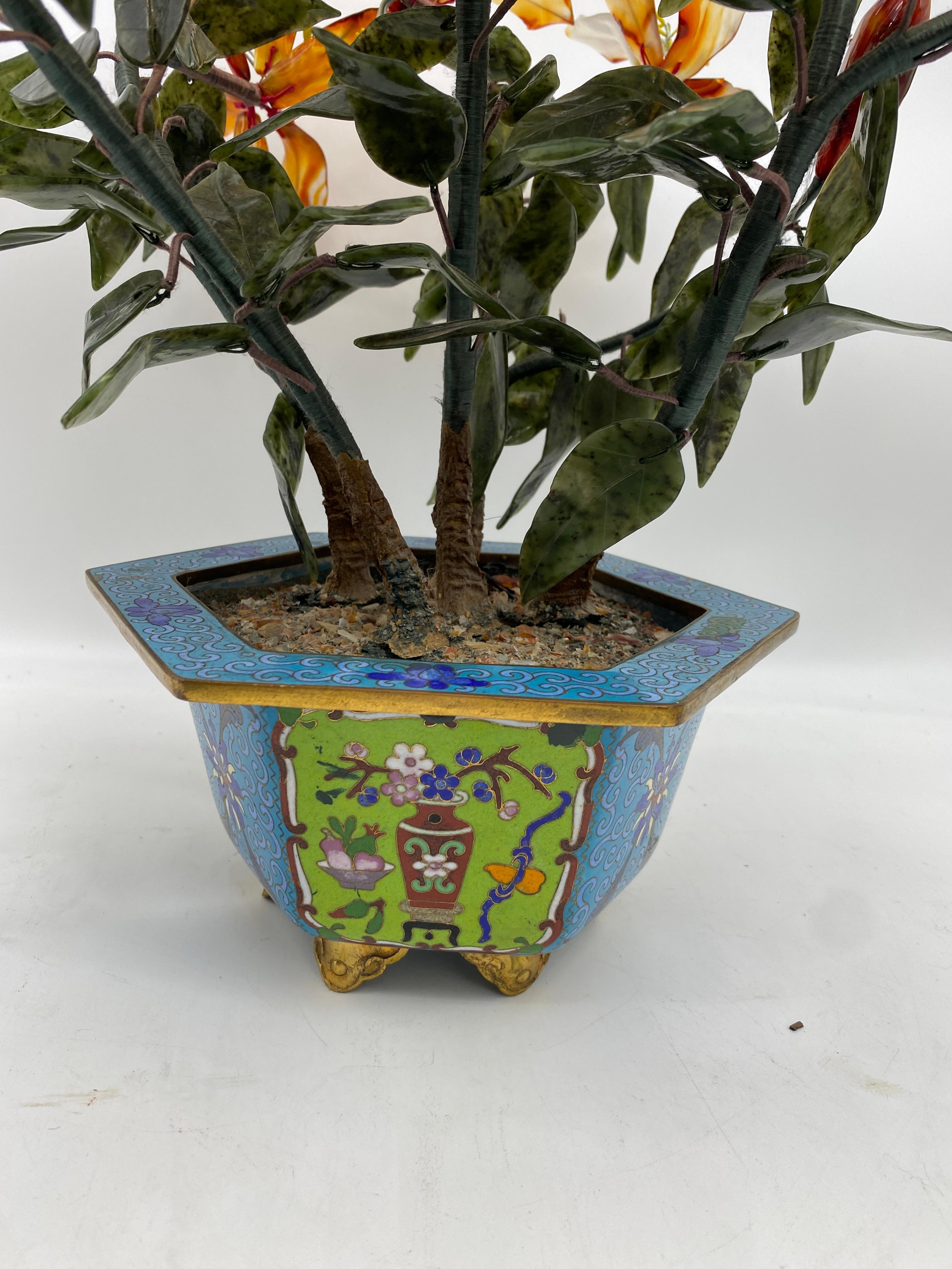 Antique Chinese Hardstone Tree in Cloisonné Pot In Good Condition In Brea, CA