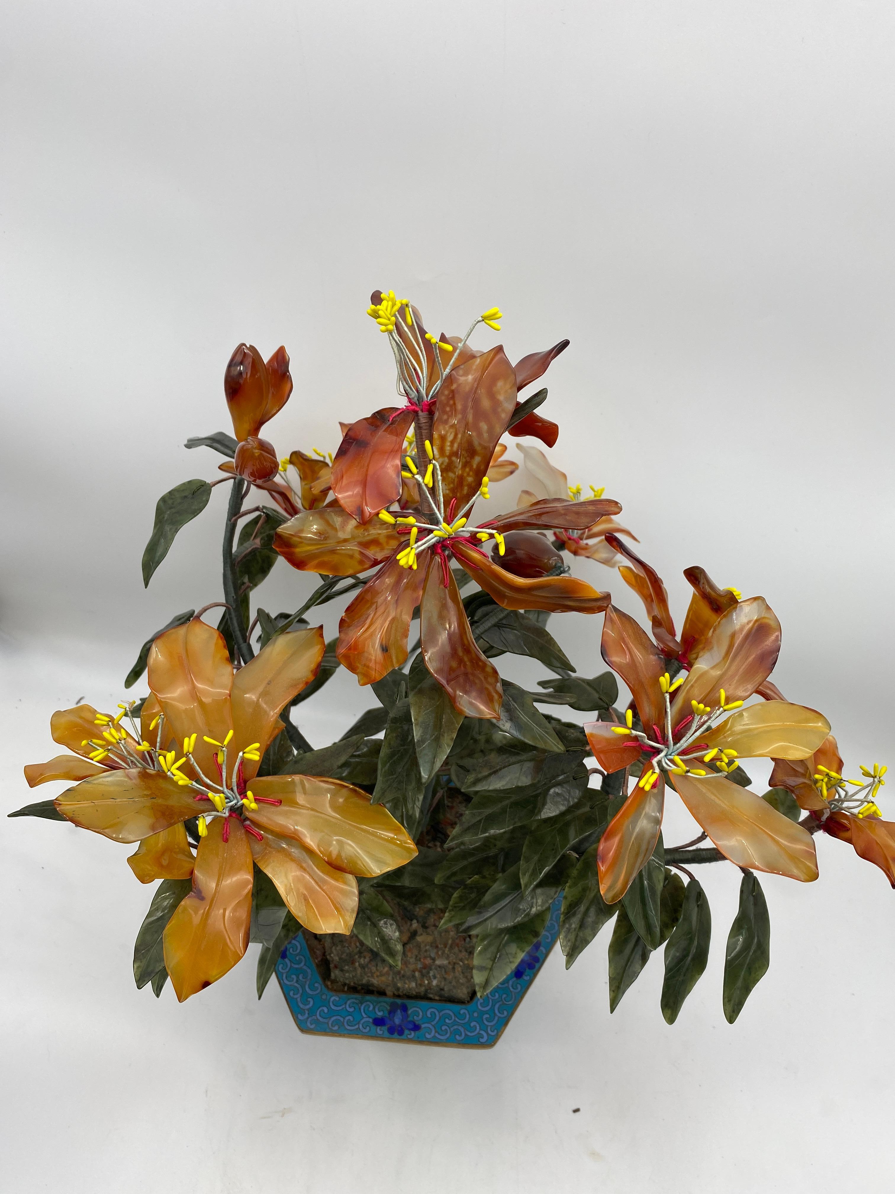 Agate Antique Chinese Hardstone Tree in Cloisonné Pot