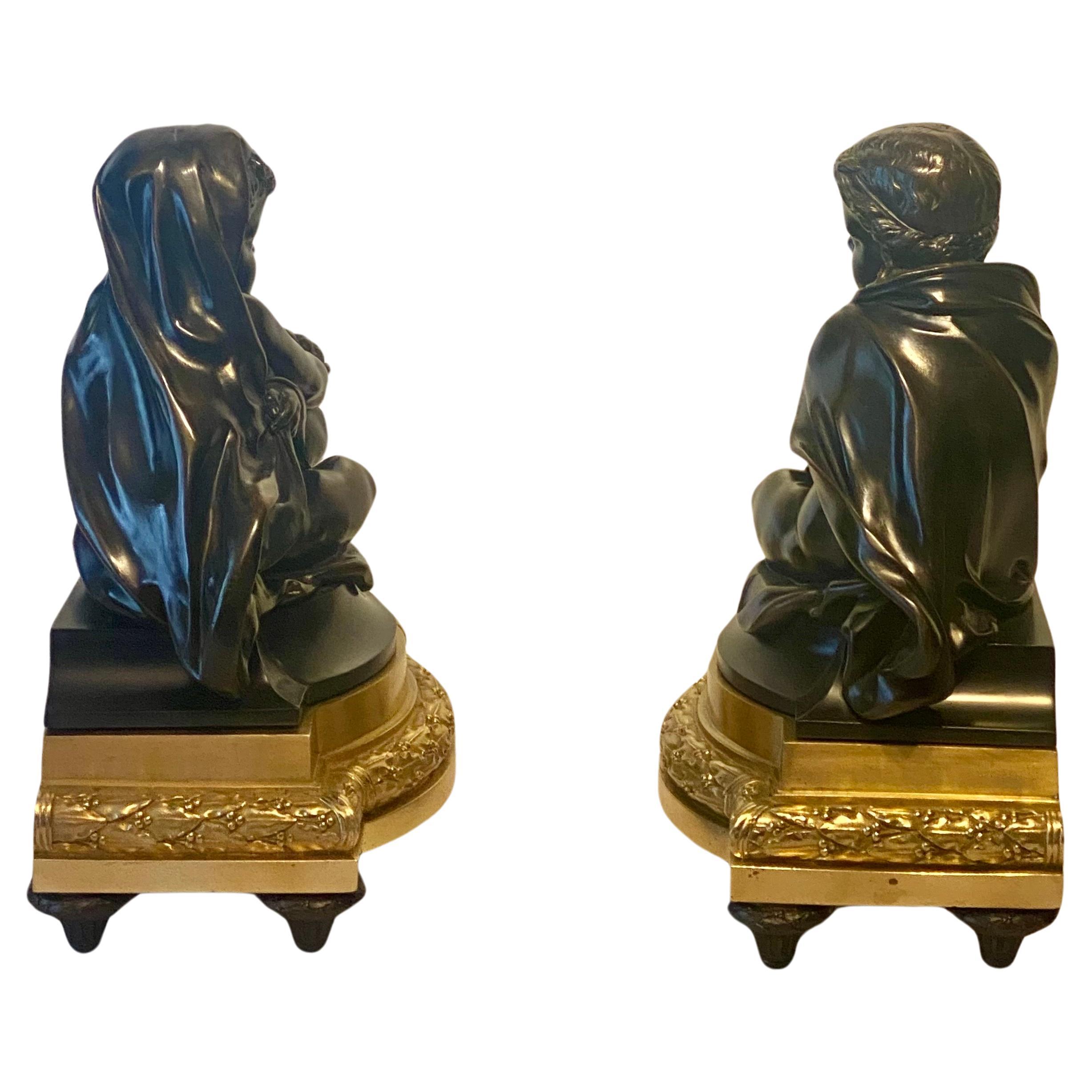 Antique Louis XVI Style Gilt & Patinated Bronze Chenets Circa 1860 For Sale 7