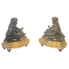 Antique Louis XVI Style Gilt & Patinated Bronze Chenets Circa 1860