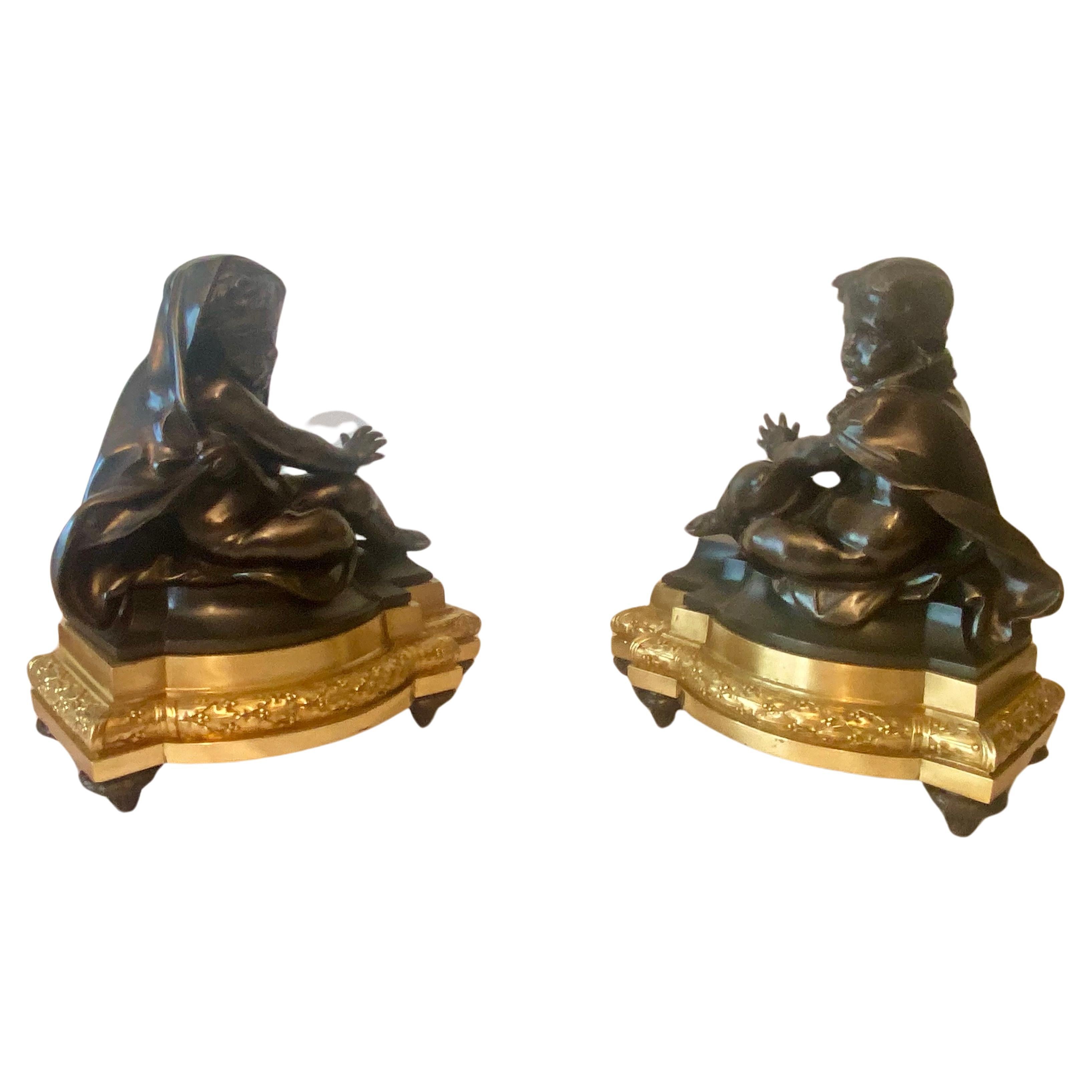 Antique Louis XVI Style Gilt & Patinated Bronze Chenets Circa 1860 For Sale 15