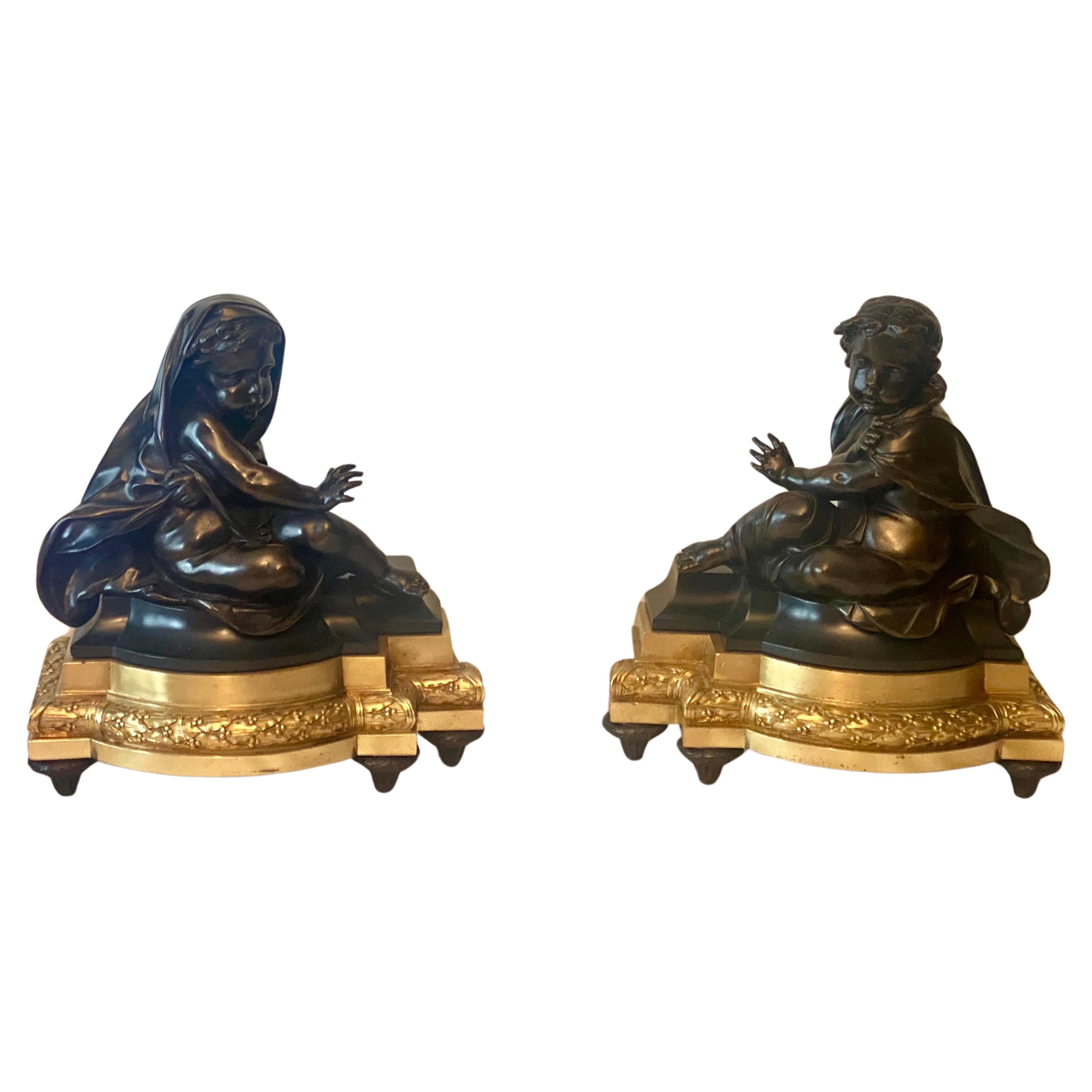 French Antique Louis XVI Style Gilt & Patinated Bronze Chenets Circa 1860 For Sale