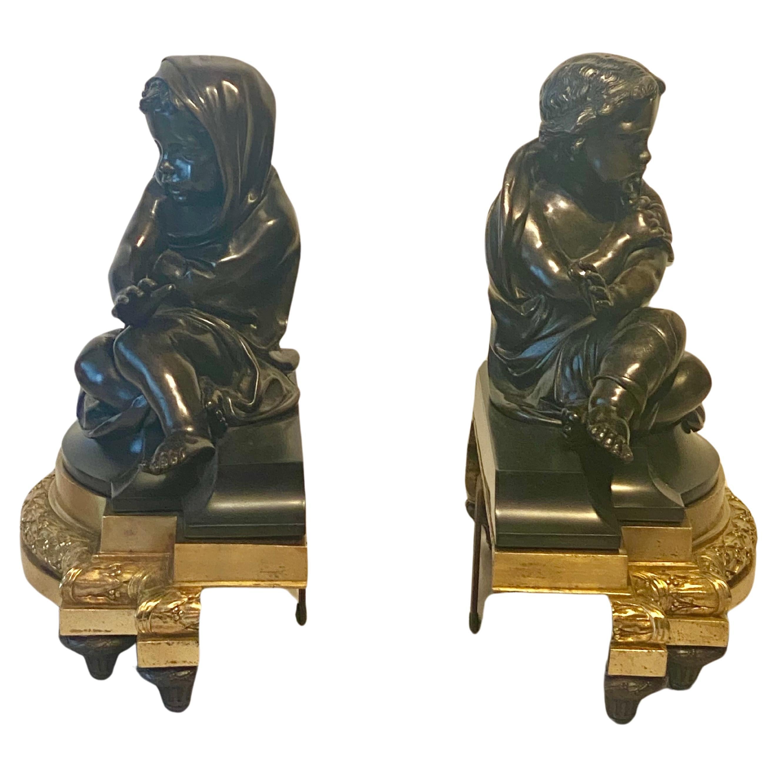 Antique Louis XVI Style Gilt & Patinated Bronze Chenets Circa 1860 In Excellent Condition For Sale In London, GB
