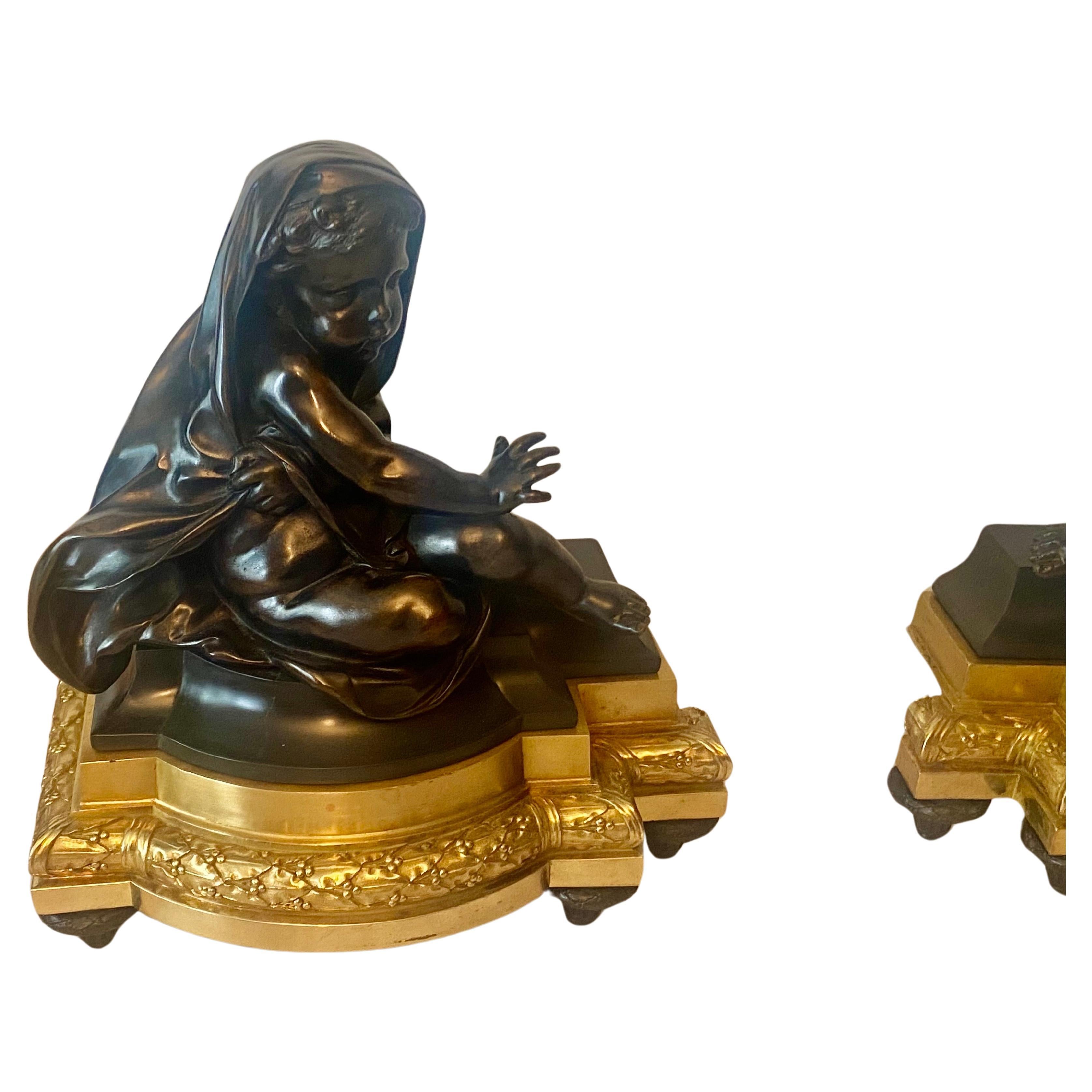 Mid-19th Century Antique Louis XVI Style Gilt & Patinated Bronze Chenets Circa 1860 For Sale