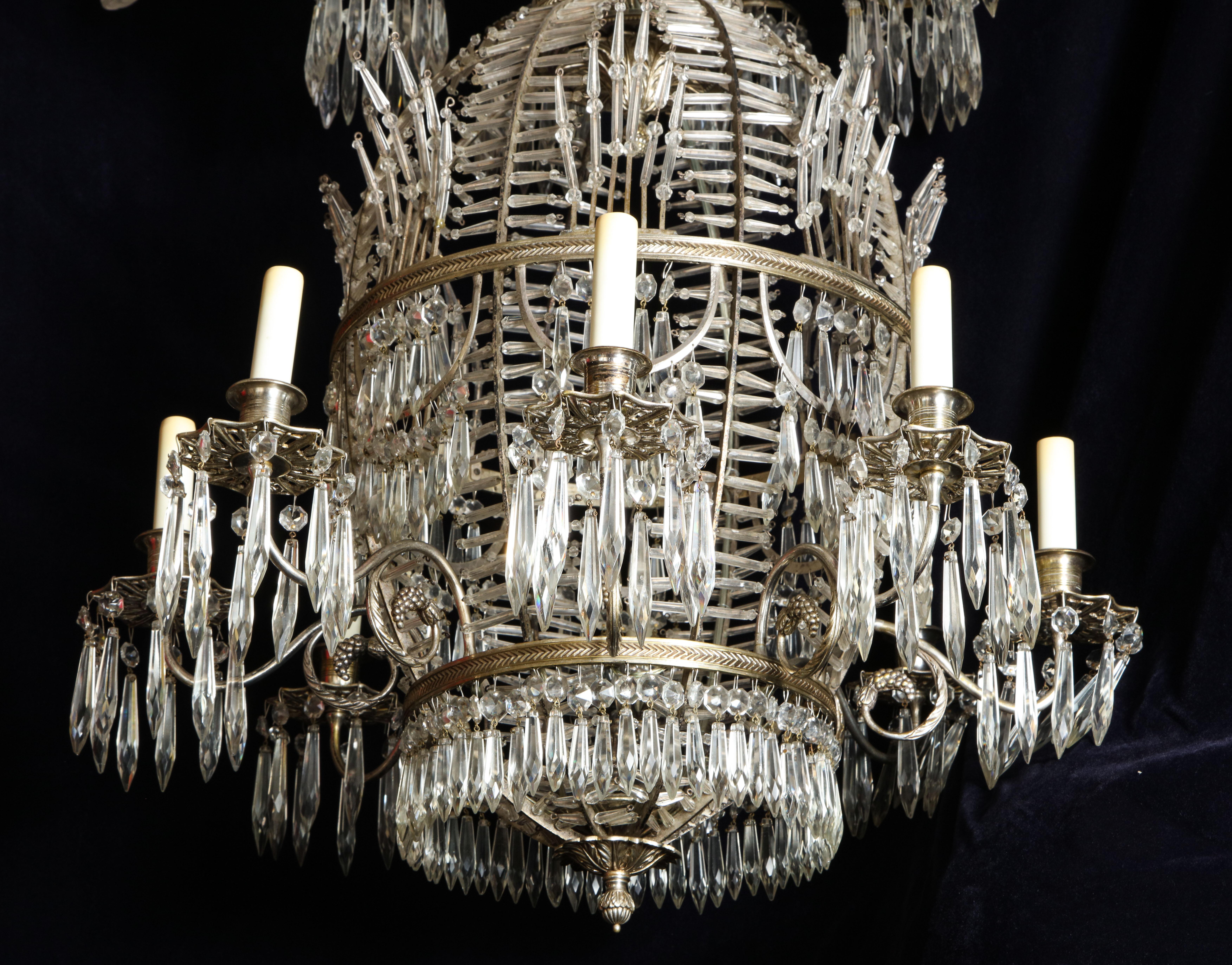 Antique Russian Neoclassical Balloon Form Silvered Bronze and Crystal Chandelier For Sale 4
