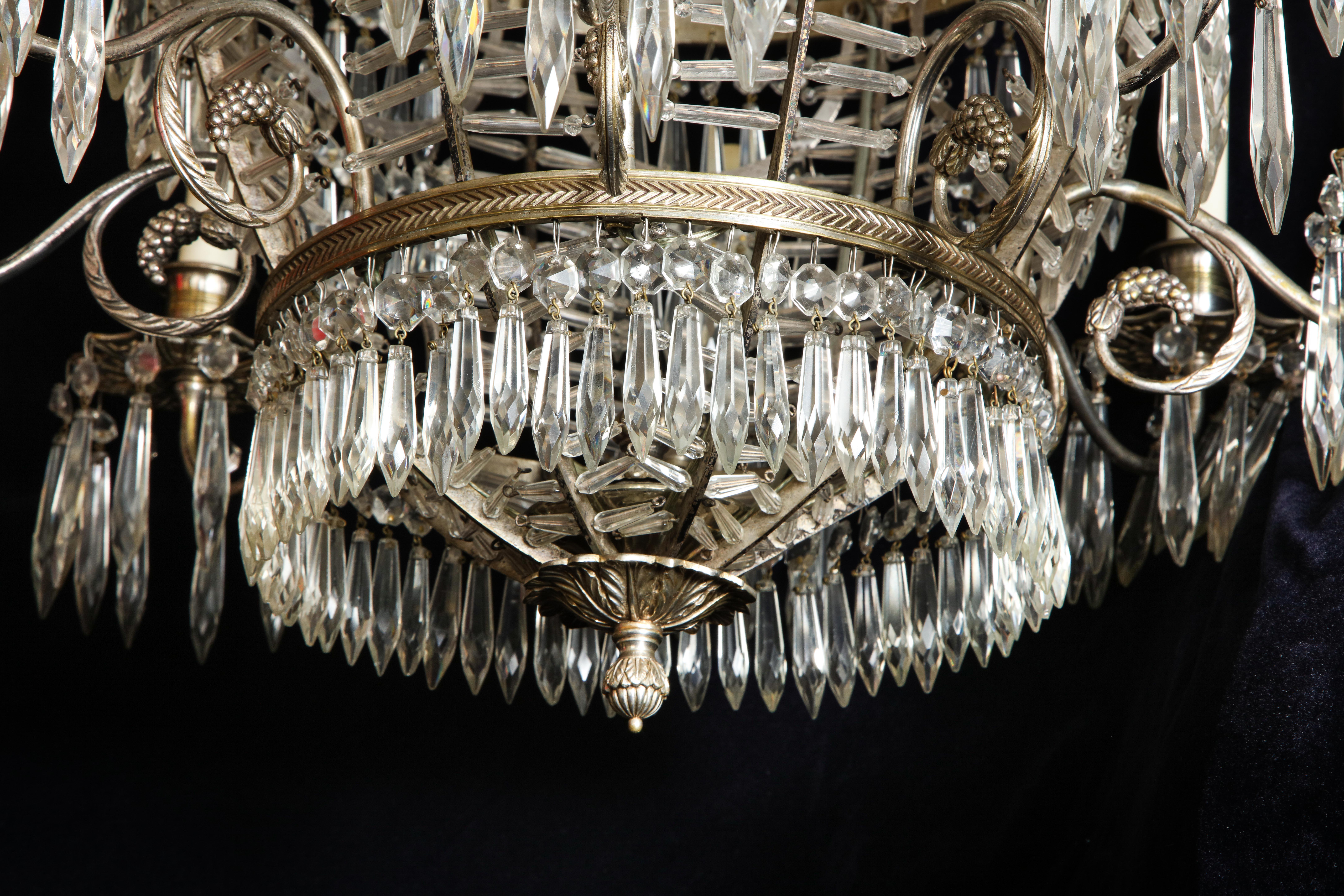 Antique Russian Neoclassical Balloon Form Silvered Bronze and Crystal Chandelier For Sale 5