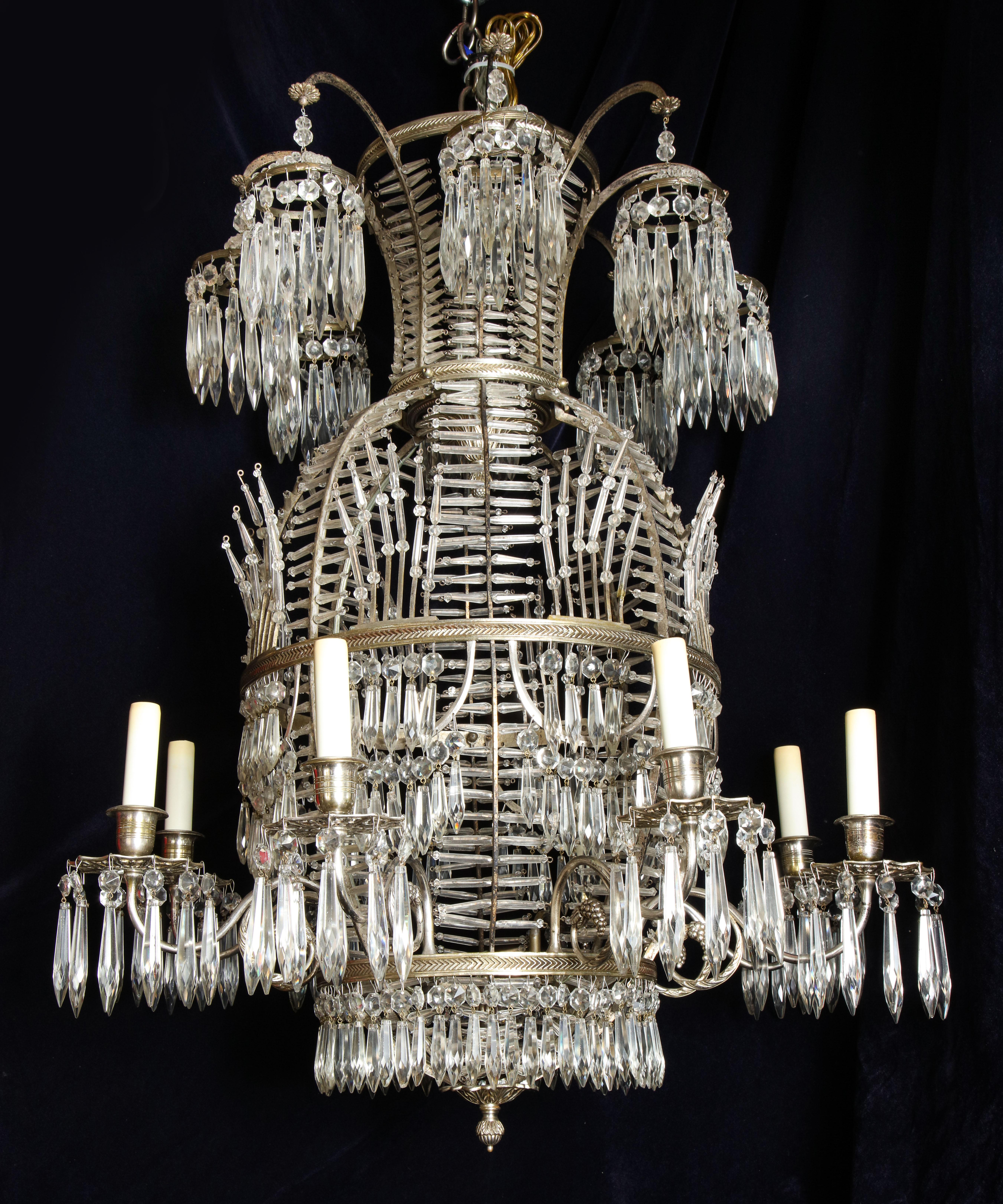 European Antique Russian Neoclassical Balloon Form Silvered Bronze and Crystal Chandelier For Sale