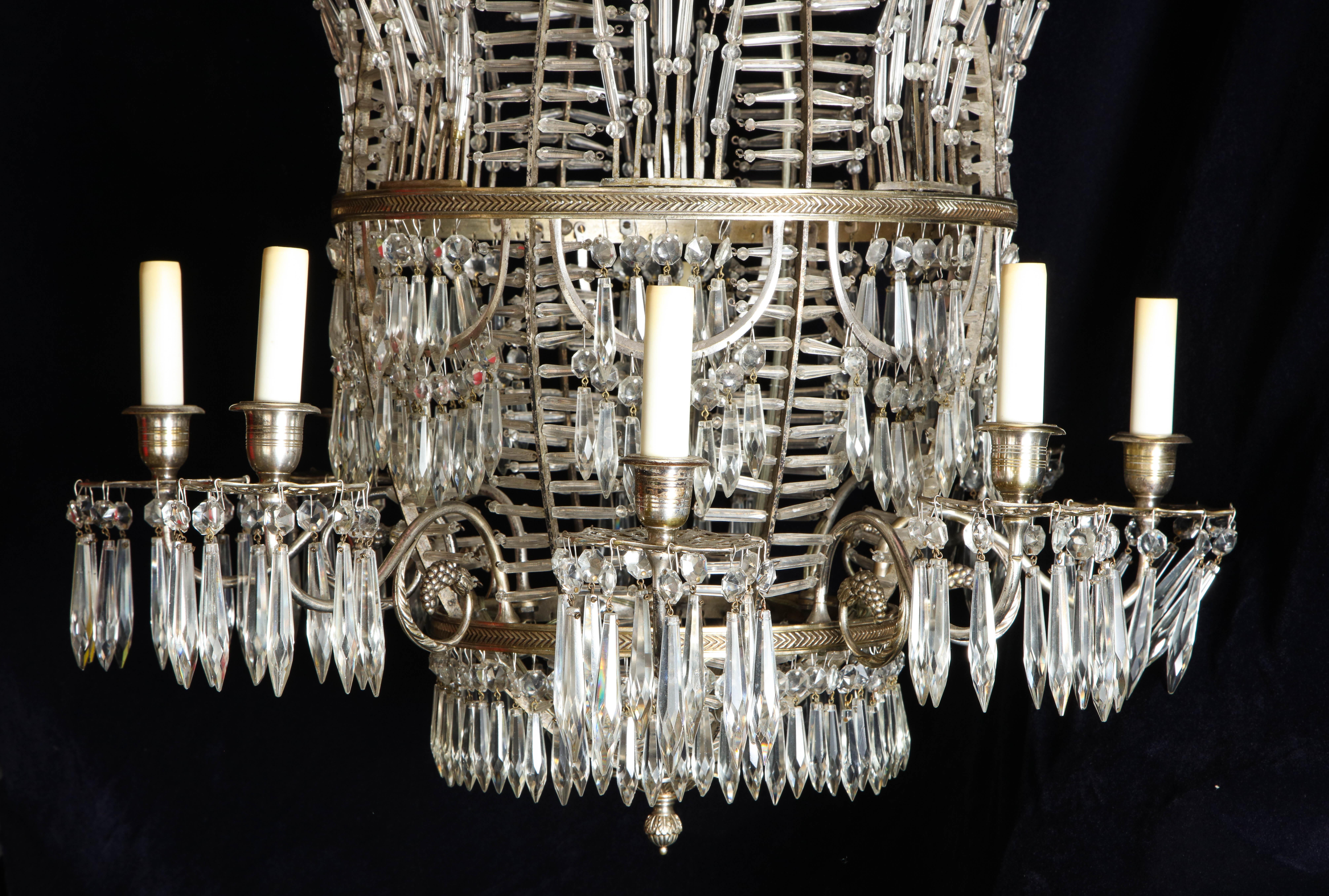 20th Century Antique Russian Neoclassical Balloon Form Silvered Bronze and Crystal Chandelier For Sale