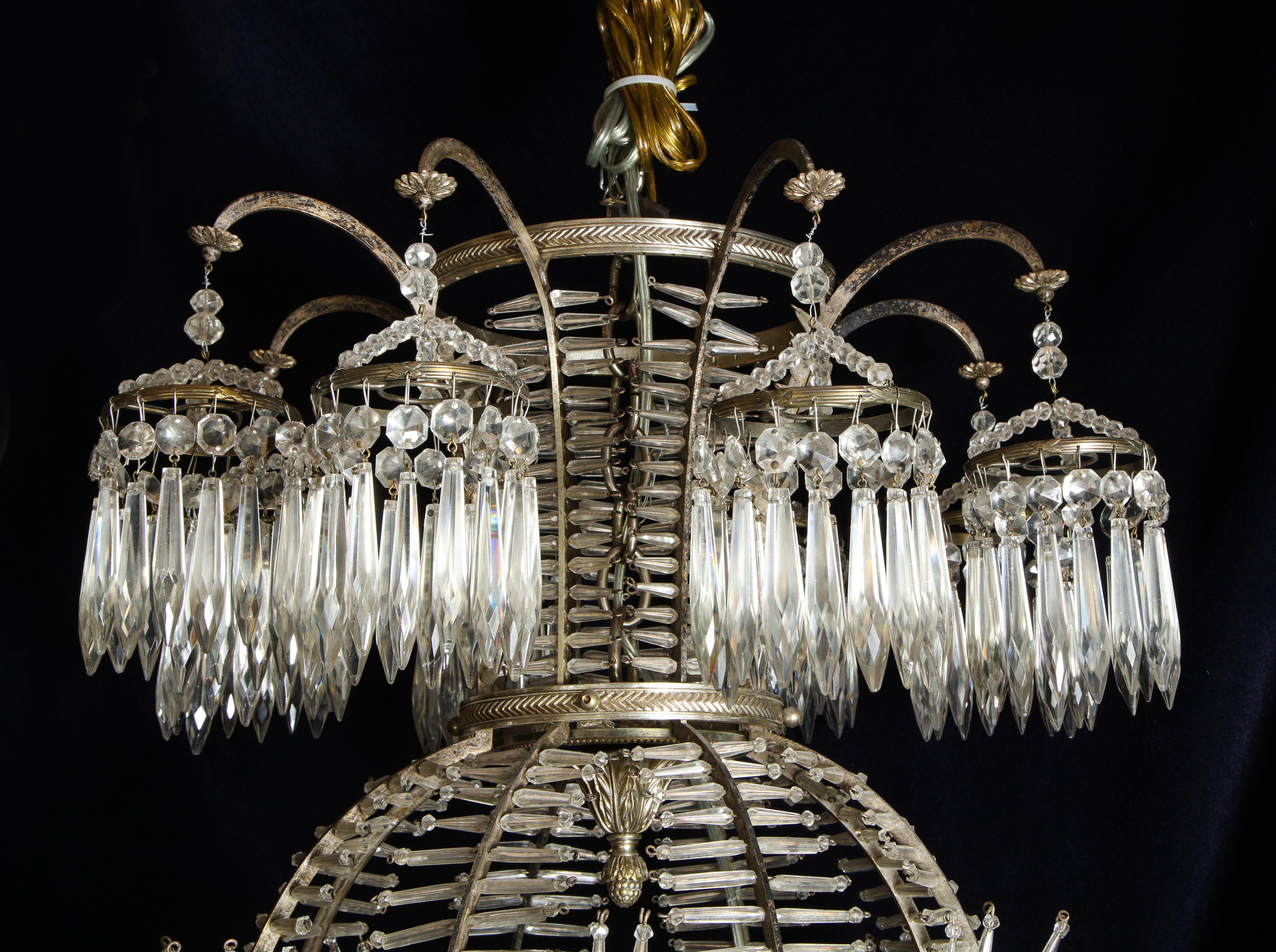 Antique Russian Neoclassical Balloon Form Silvered Bronze and Crystal Chandelier For Sale 1
