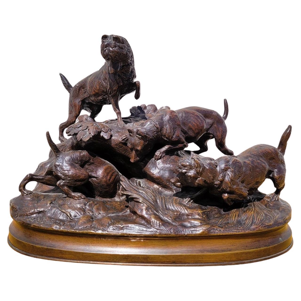 A Arson, Terrier Hunting Dogs, Signed Bronze, 19th Century