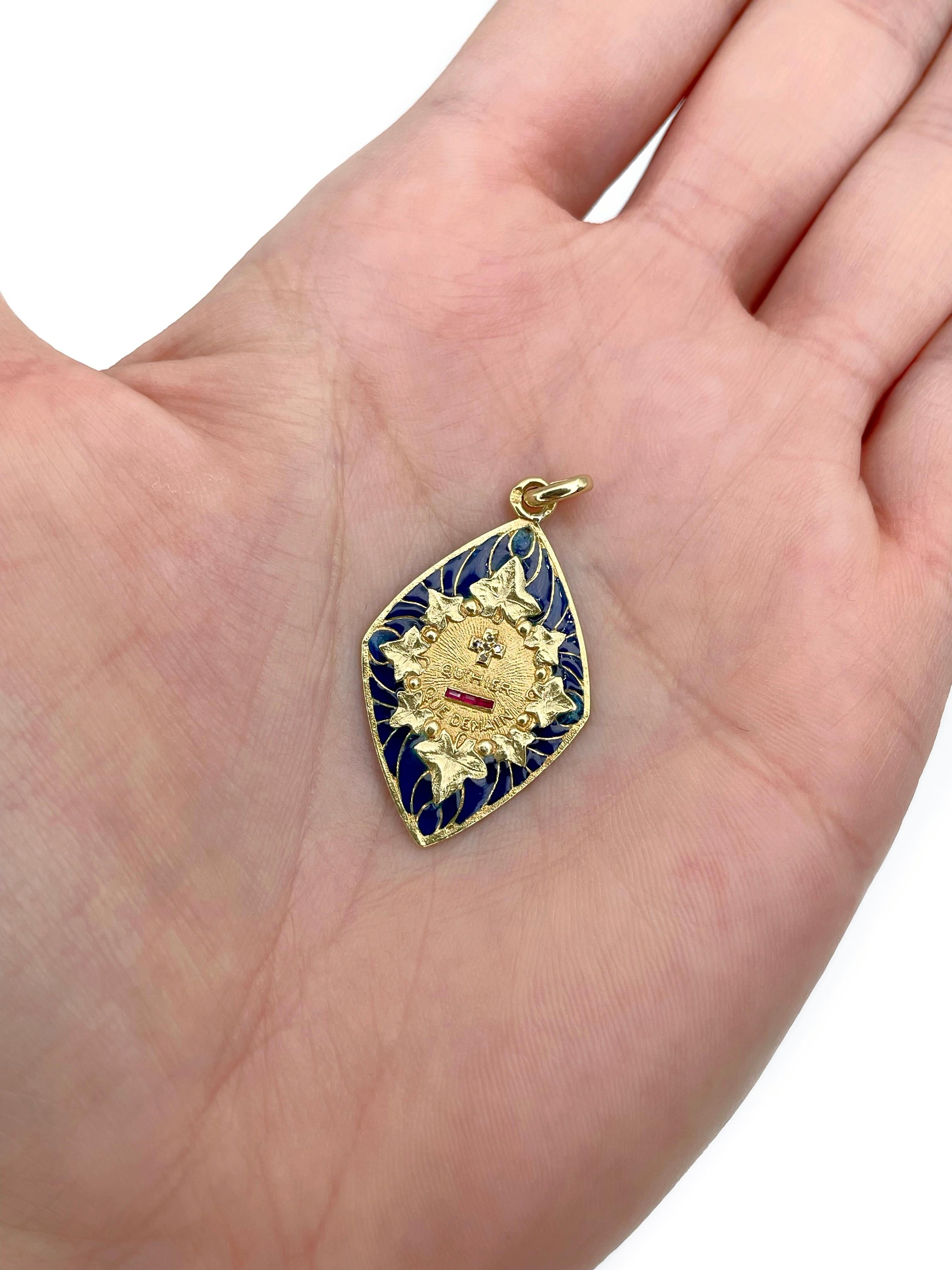 This is a love charm pendant crafted in 18K gold. The piece features diamonds, rectangular cut rubies, blue enamel. It is adorned with ivy motif (in the past this plant was given as a gift to newlyweds to symbolise everlasting love and loyalty).