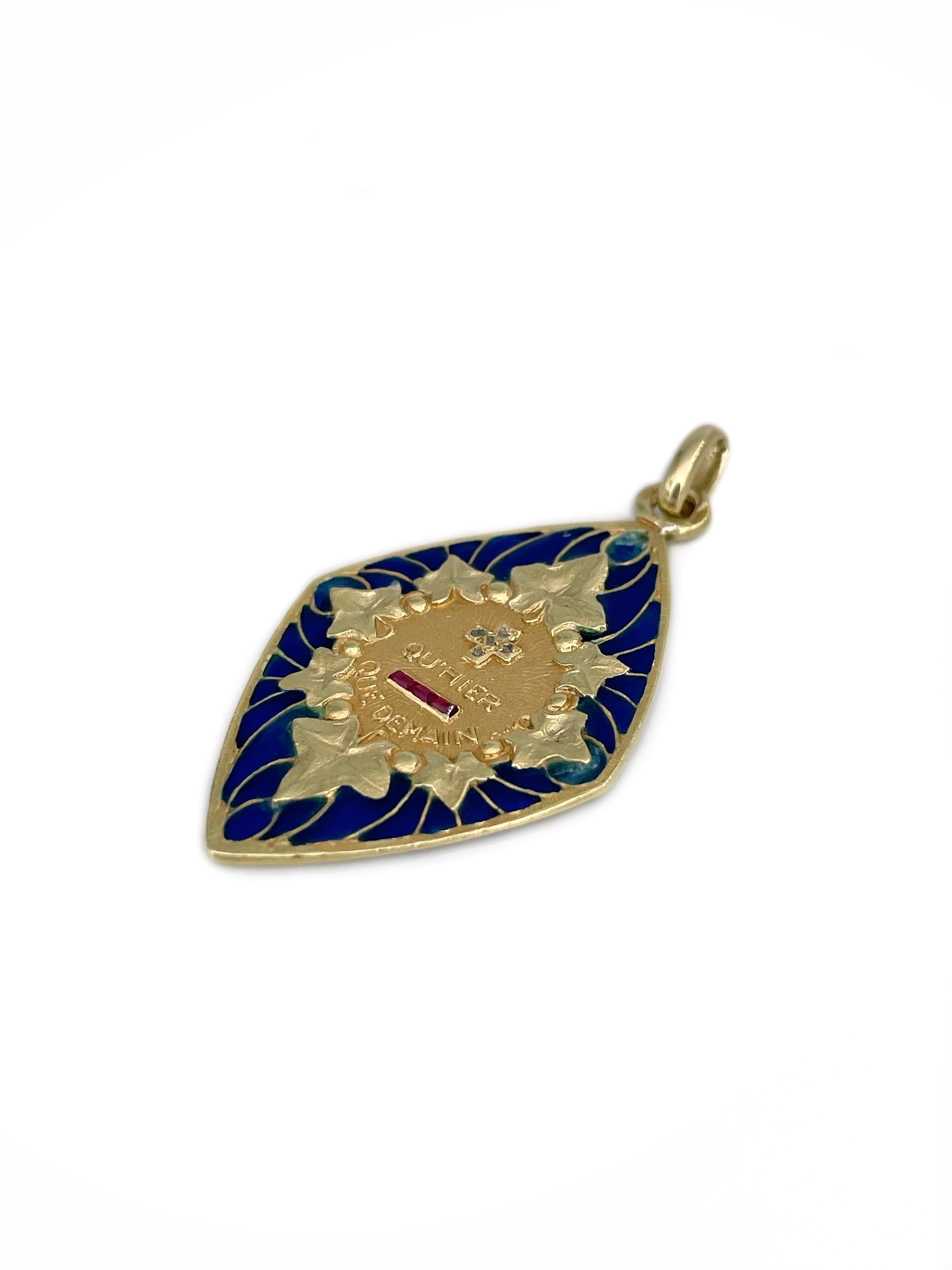 Mixed Cut A. Augis 18 Karat Gold Diamond Ruby Enamel “Plus Qu'hier” Love Charm Pendant For Sale