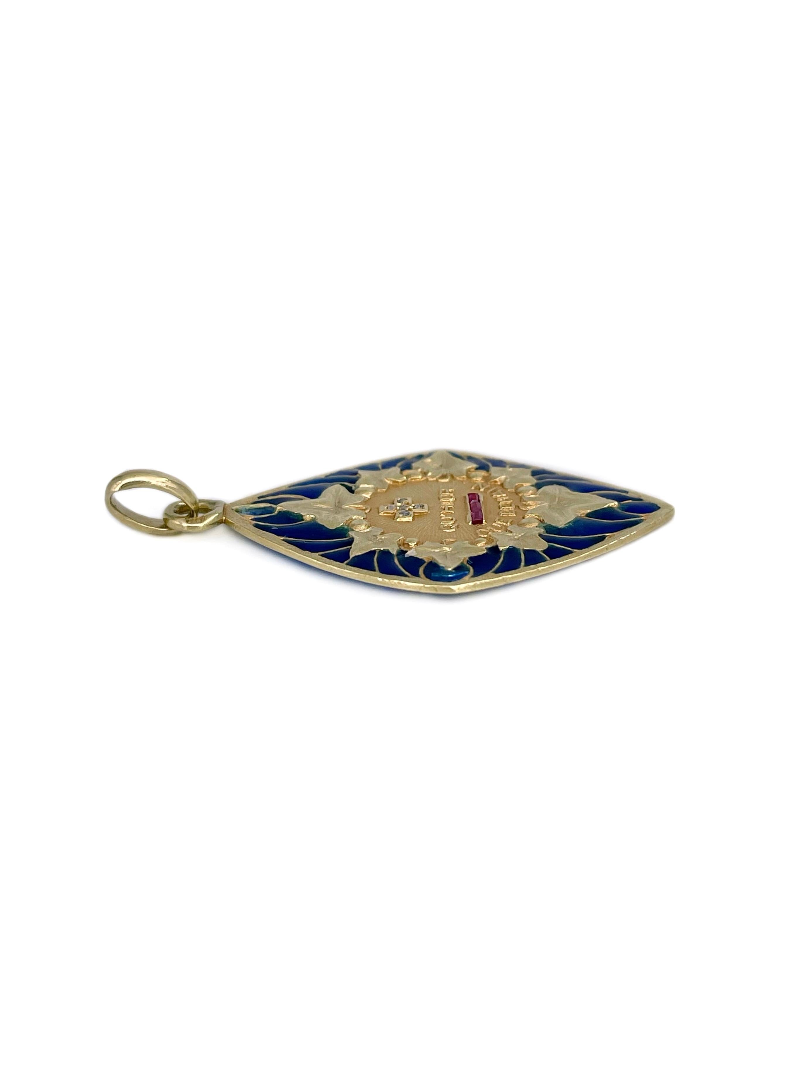 A. Augis 18 Karat Gold Diamond Ruby Enamel “Plus Qu'hier” Love Charm Pendant In Good Condition For Sale In Vilnius, Vilniaus apskr.