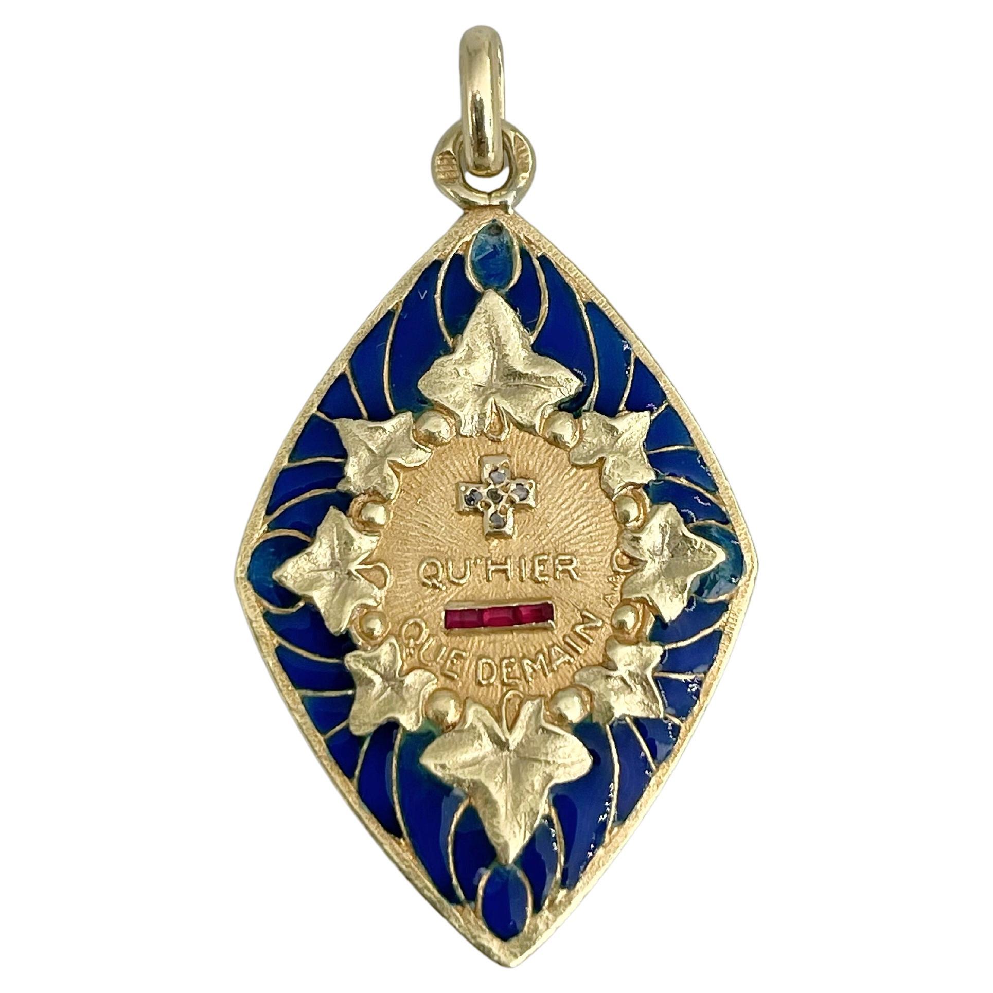 A. Augis 18 Karat Gold Diamond Ruby Enamel “Plus Qu'hier” Love Charm Pendant For Sale
