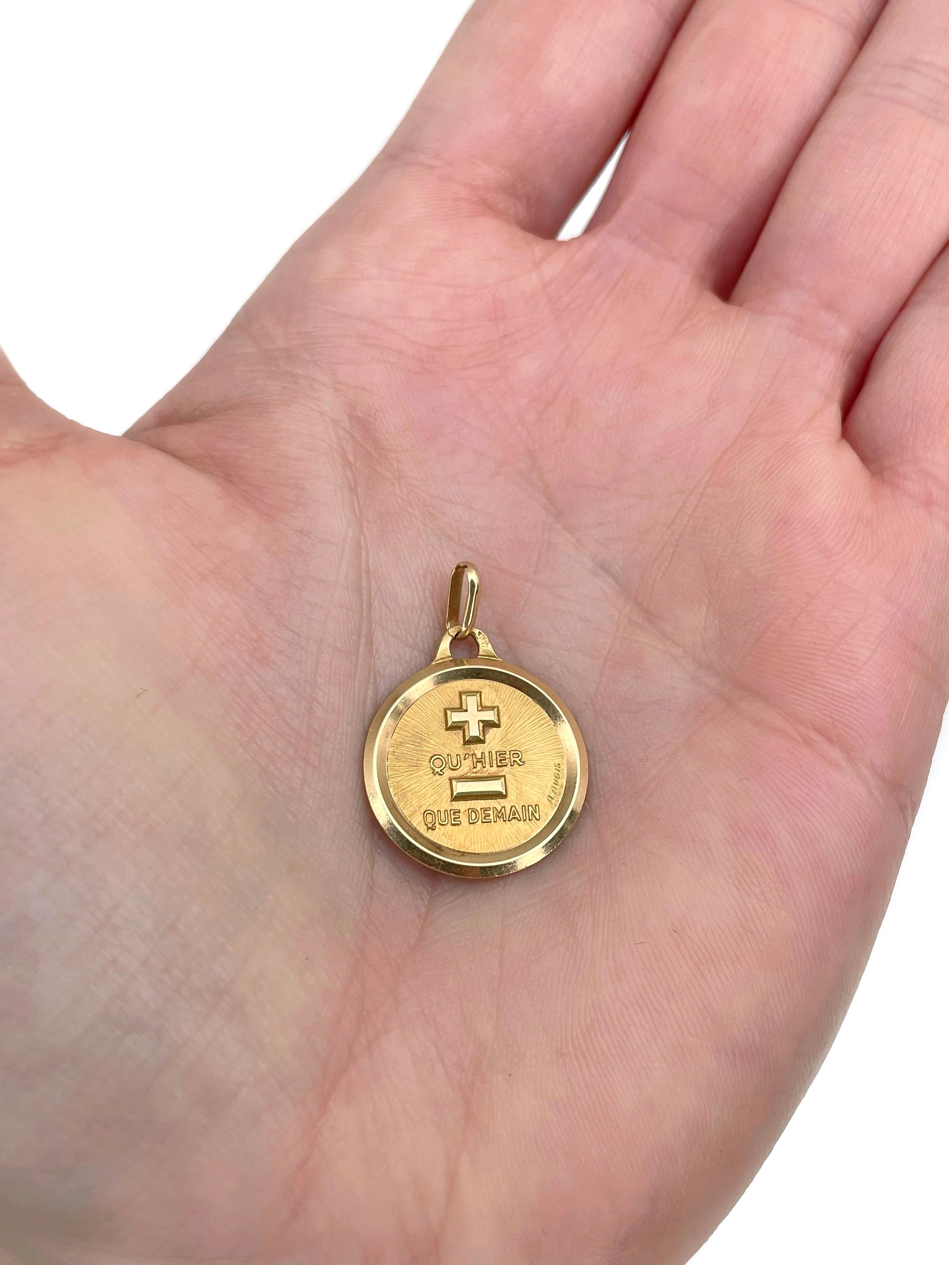 This is a love charm pendant crafted in 18K yellow gold. Circa 1960.

The design of the pendant is created by French jeweller Alphonse Augis in response to the love poem written by Rosemonde Gerard. It depicts the signs of plus and minus. Together
