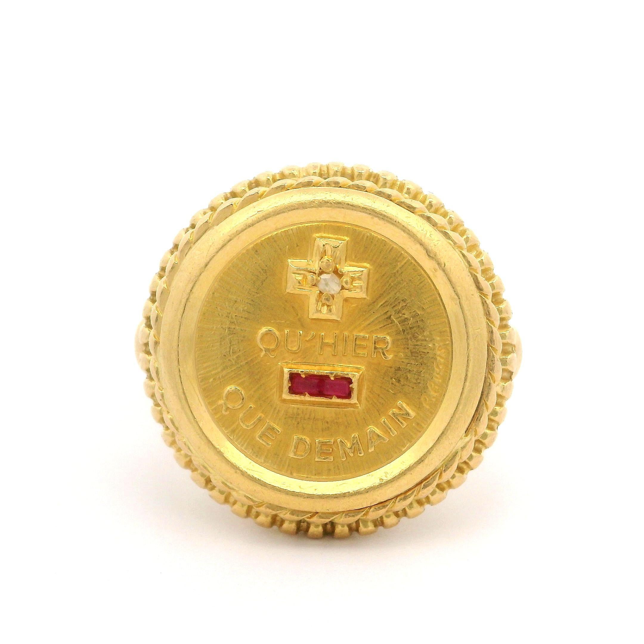 A. Augis French 18k Yellow Gold Ruby & Diamond Round Rare Love Token Coin Ring In Good Condition In Montclair, NJ