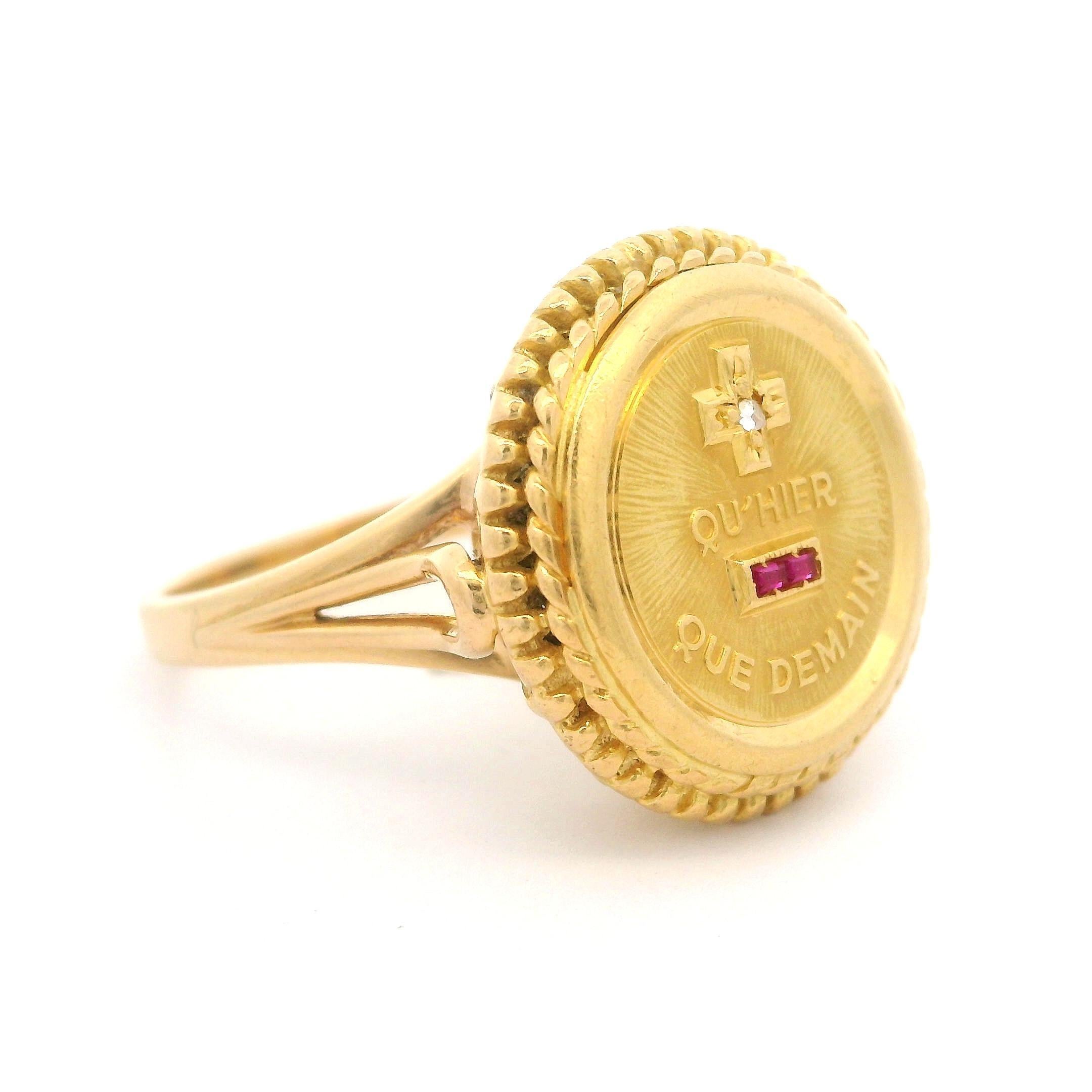 Women's A. Augis French 18k Yellow Gold Ruby & Diamond Round Rare Love Token Coin Ring