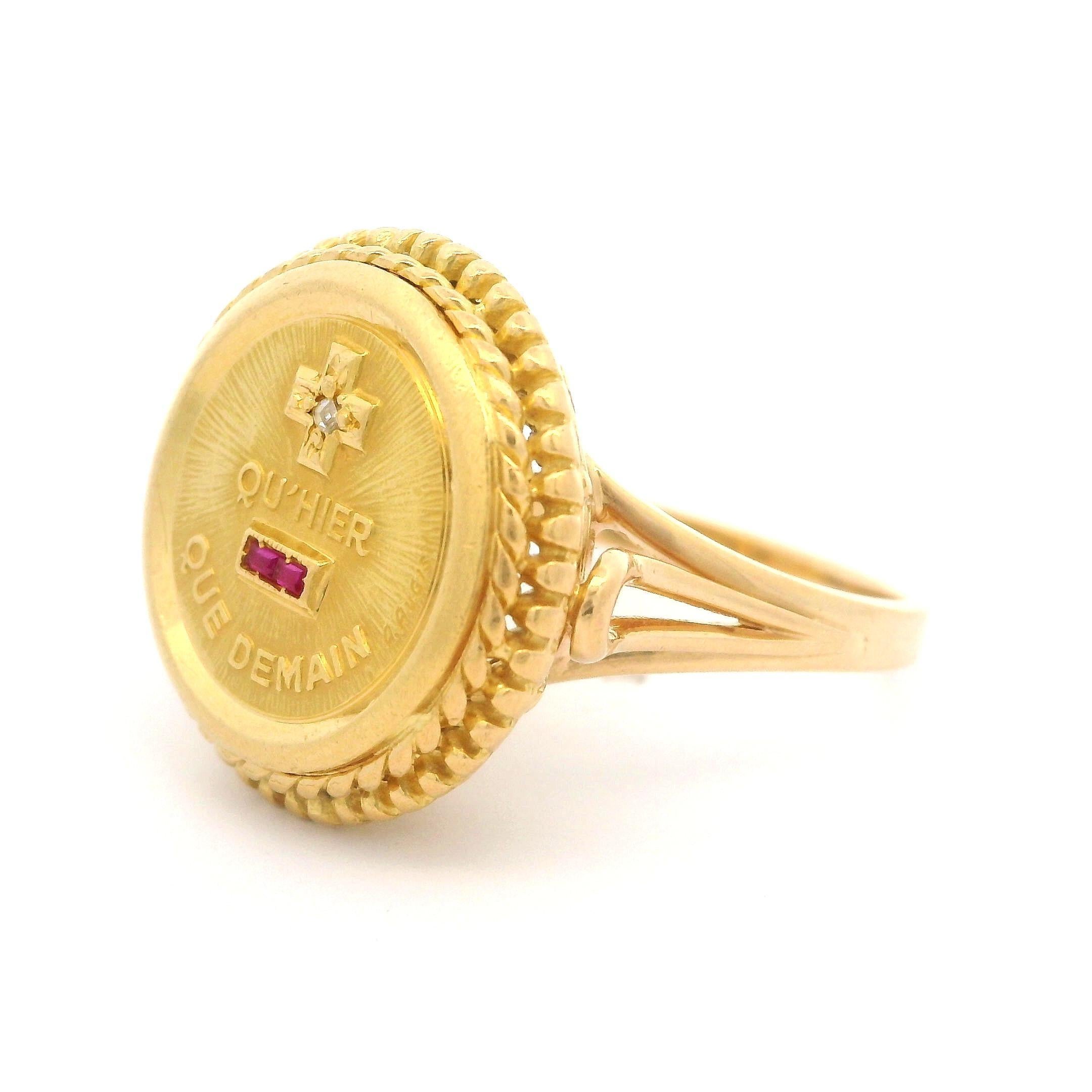 A. Augis French 18k Yellow Gold Ruby & Diamond Round Rare Love Token Coin Ring 1