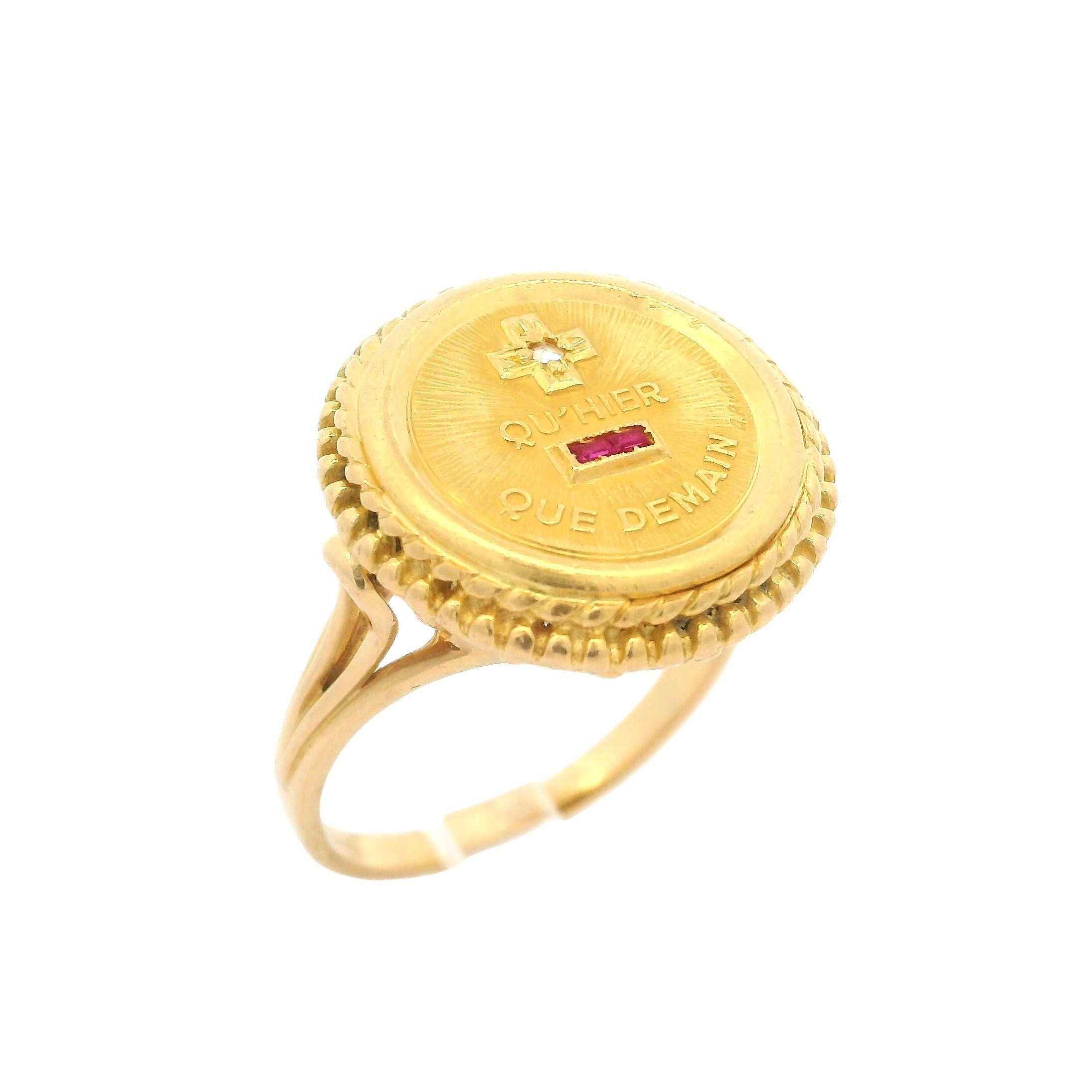 A. Augis French 18k Yellow Gold Ruby & Diamond Round Rare Love Token Coin Ring 2