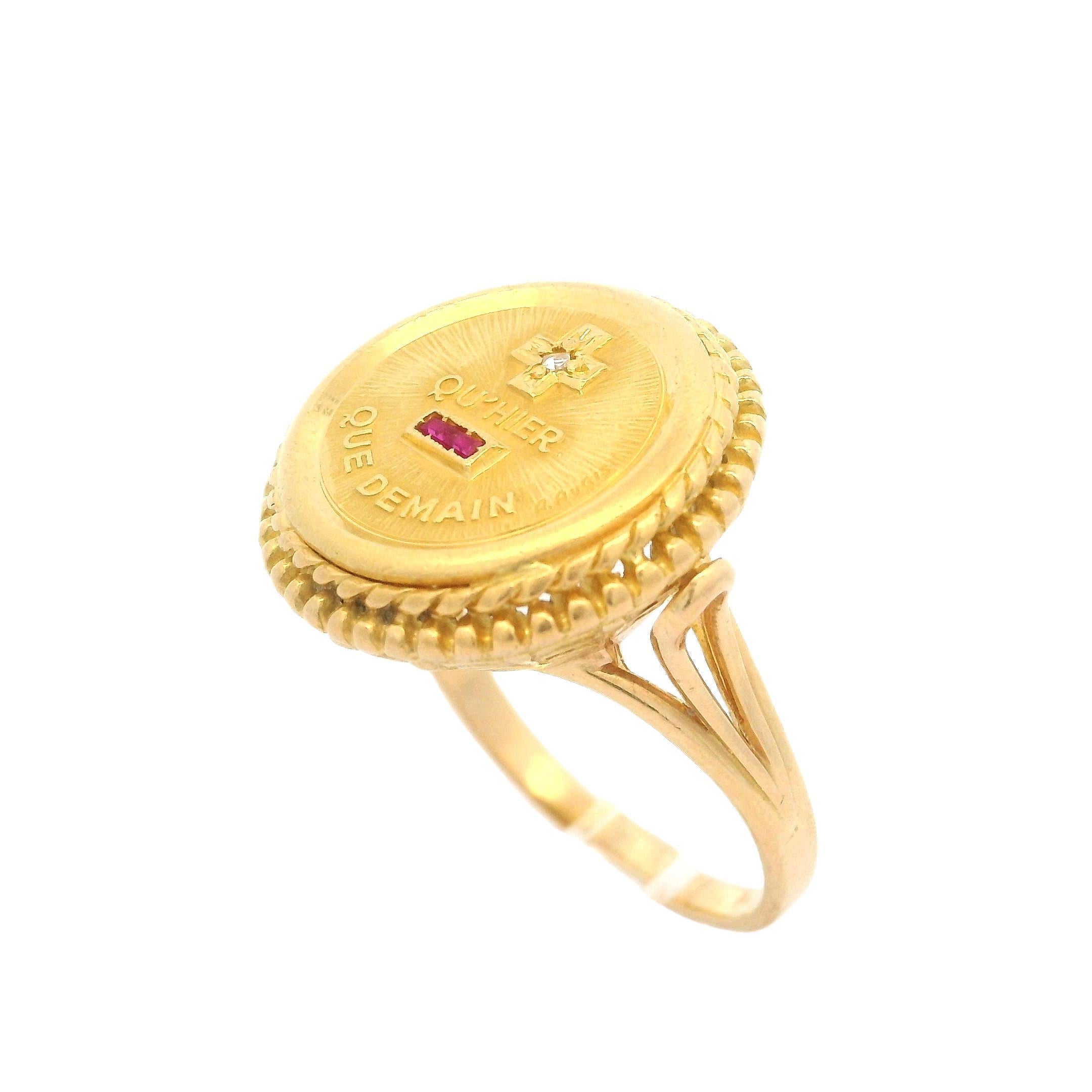 A. Augis French 18k Yellow Gold Ruby & Diamond Round Rare Love Token Coin Ring 3