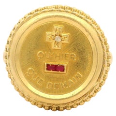 A. Augis French 18k Yellow Gold Ruby & Diamond Round Rare Love Token Coin Ring
