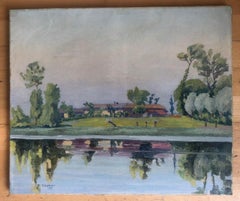 Landscape by the Lake, Oil on Canvas, Antique, 1920s, Unframed