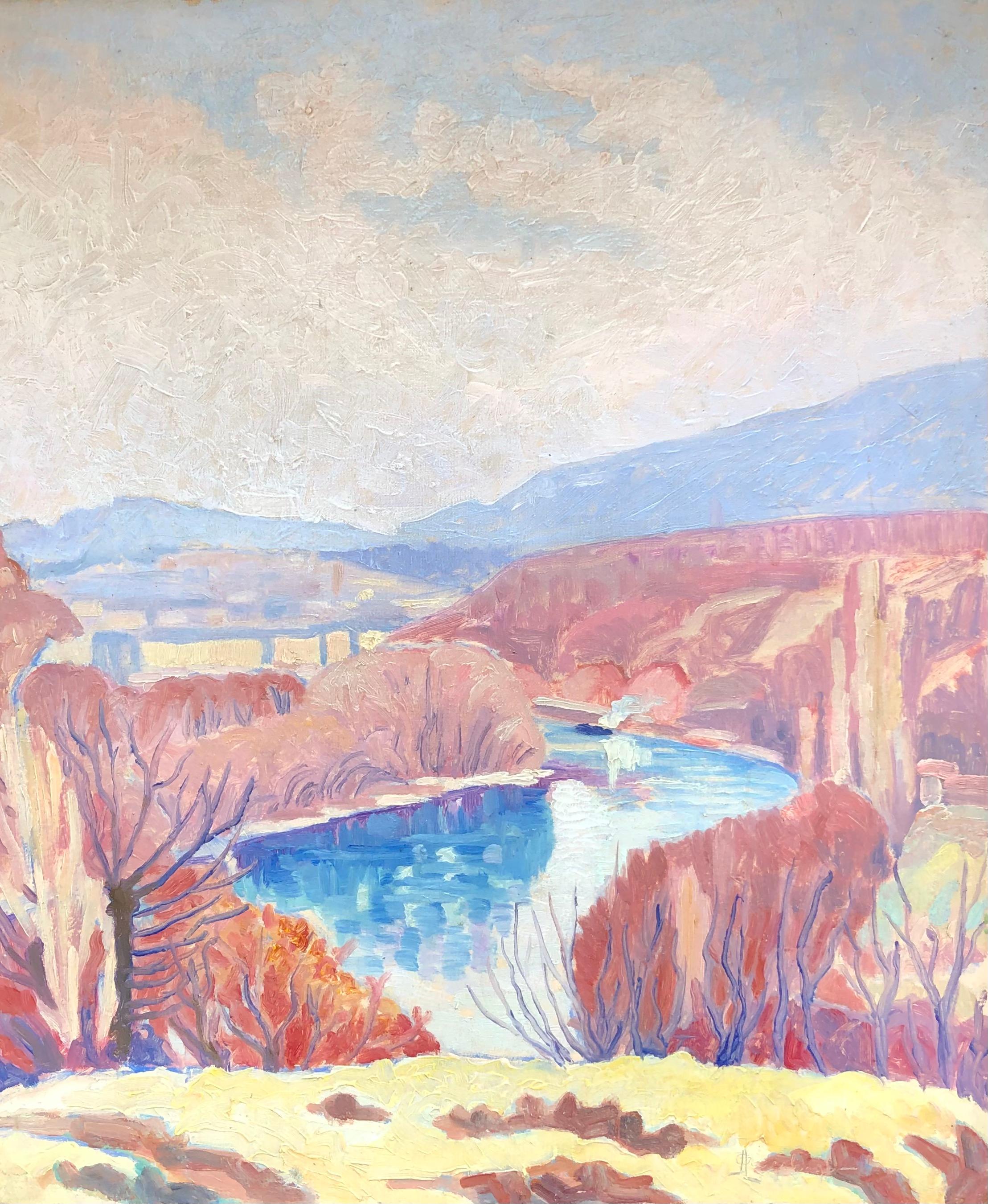 Landscape Painting A. Augsburger - Paysage de la boucle du Rhone, Genève