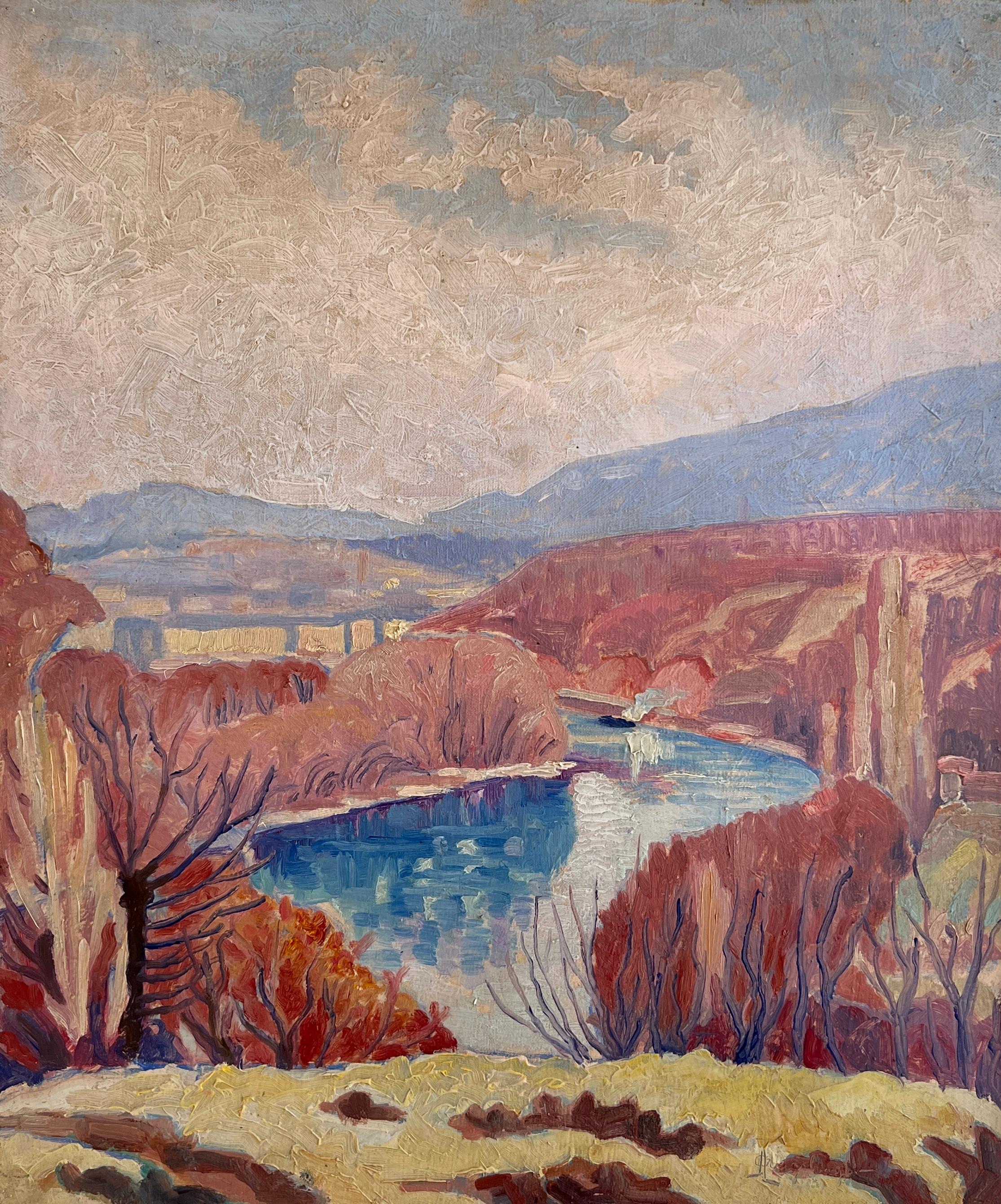 Landscape Painting di A. Augsburger - Il Looping del Reno, Ginevra