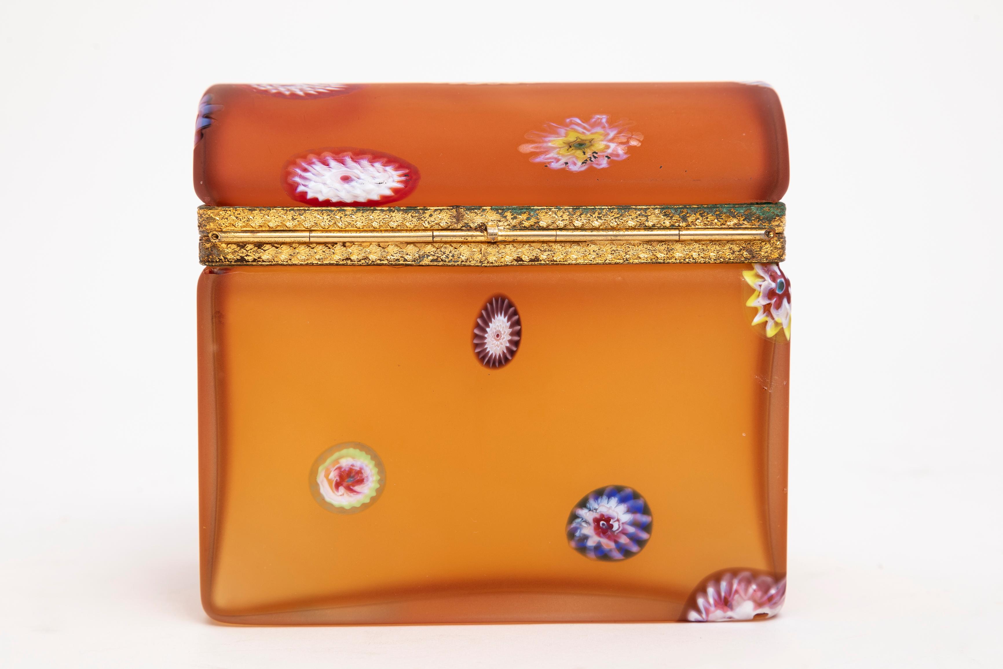 French A Baccarat Apricot Crystal Paperweight Box Mounted w/ Ormolu Bezel, Mid 1900's For Sale