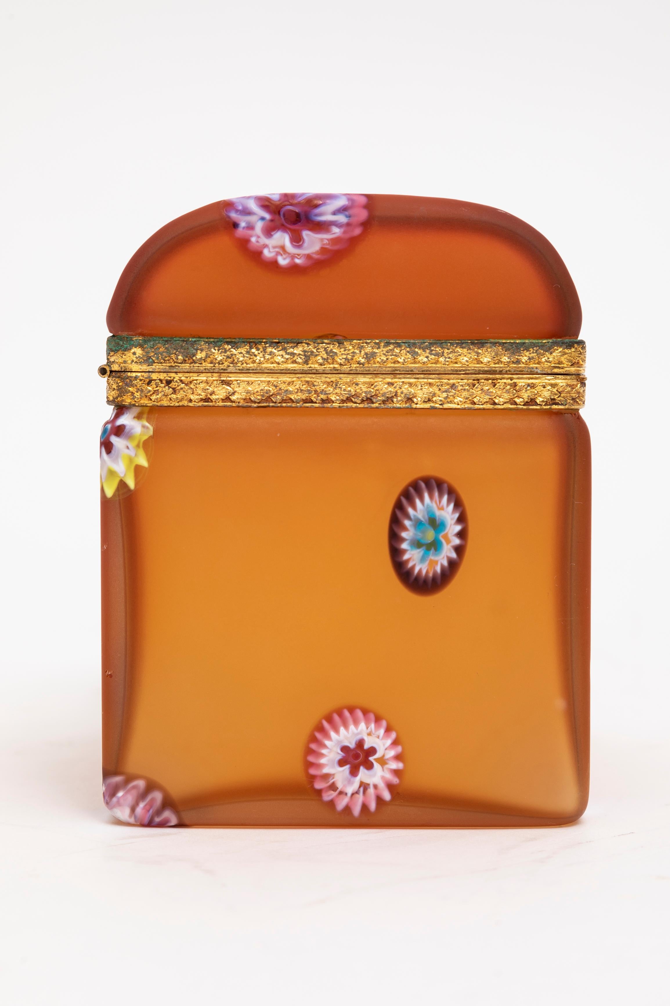 Hand-Carved A Baccarat Apricot Crystal Paperweight Box Mounted w/ Ormolu Bezel, Mid 1900's For Sale